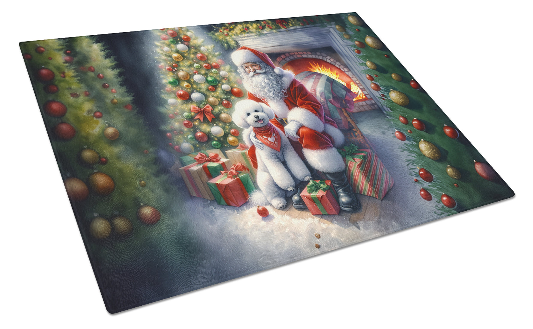 Bichon Frise and Santa Claus Cutting Board Tempered Glass Kitchen Cutting Surface, Heat Resistant Chopping, Non-Slip Feet, Food Prep & Serving