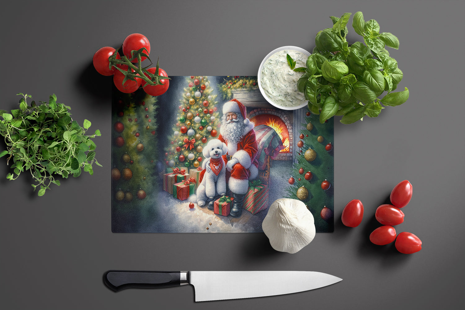 Bichon Frise and Santa Claus Cutting Board Tempered Glass Kitchen Cutting Surface, Heat Resistant Chopping, Non-Slip Feet, Food Prep & Serving