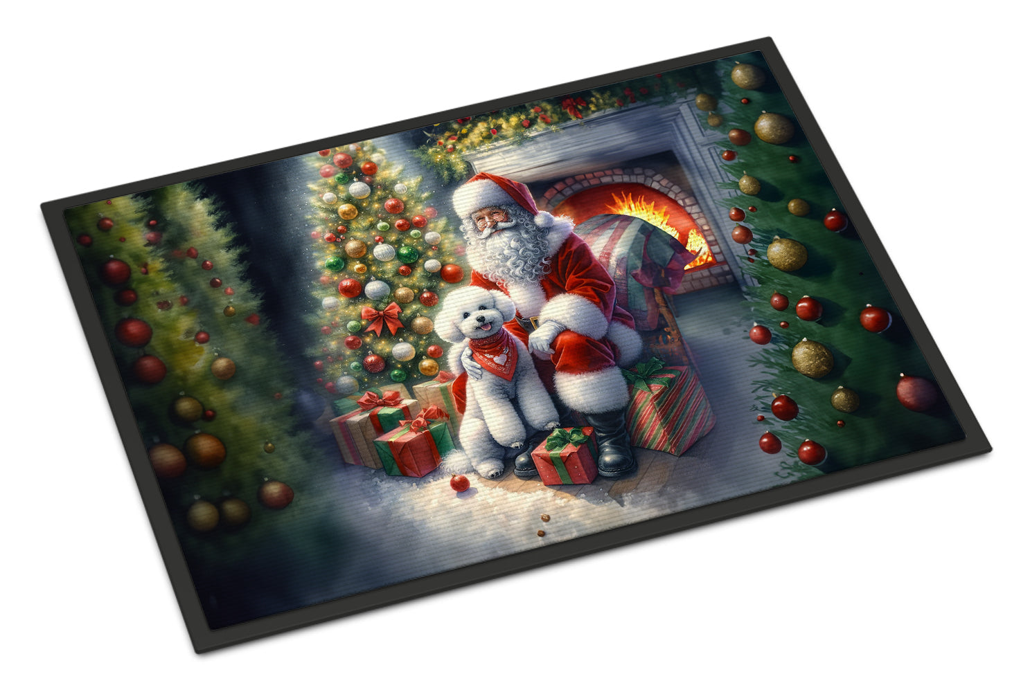 Bichon Frise and Santa Claus Doormat Indoor Outdoor 18H X 27W Front Door Mat Rugs for Entryway, Non Slip Washable
