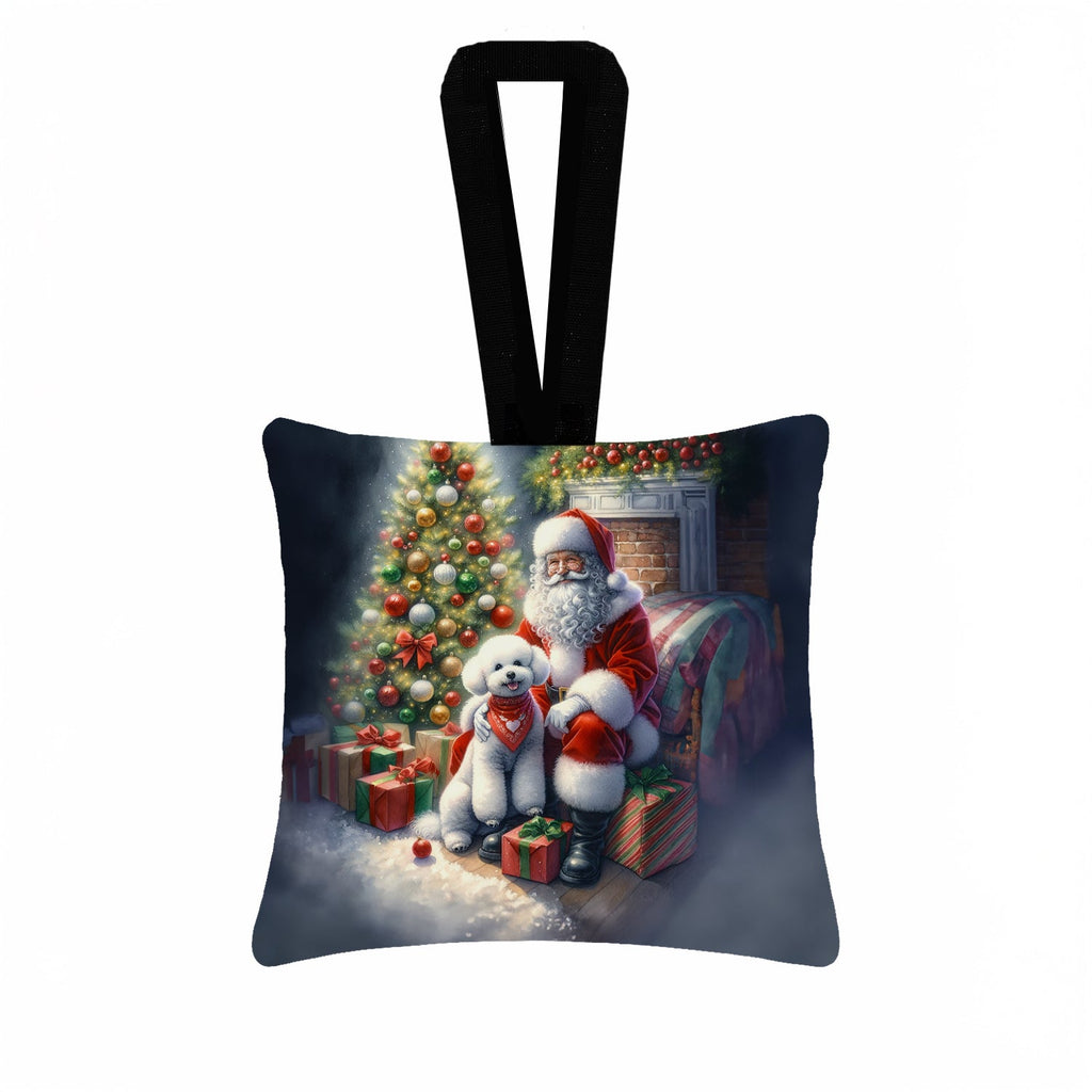Bichon Frise and Santa Claus Hanging Square Fabric Ornament 3.5 × 3.5 Decorative Door-Knob & Tree Hanger, Soft Fabric