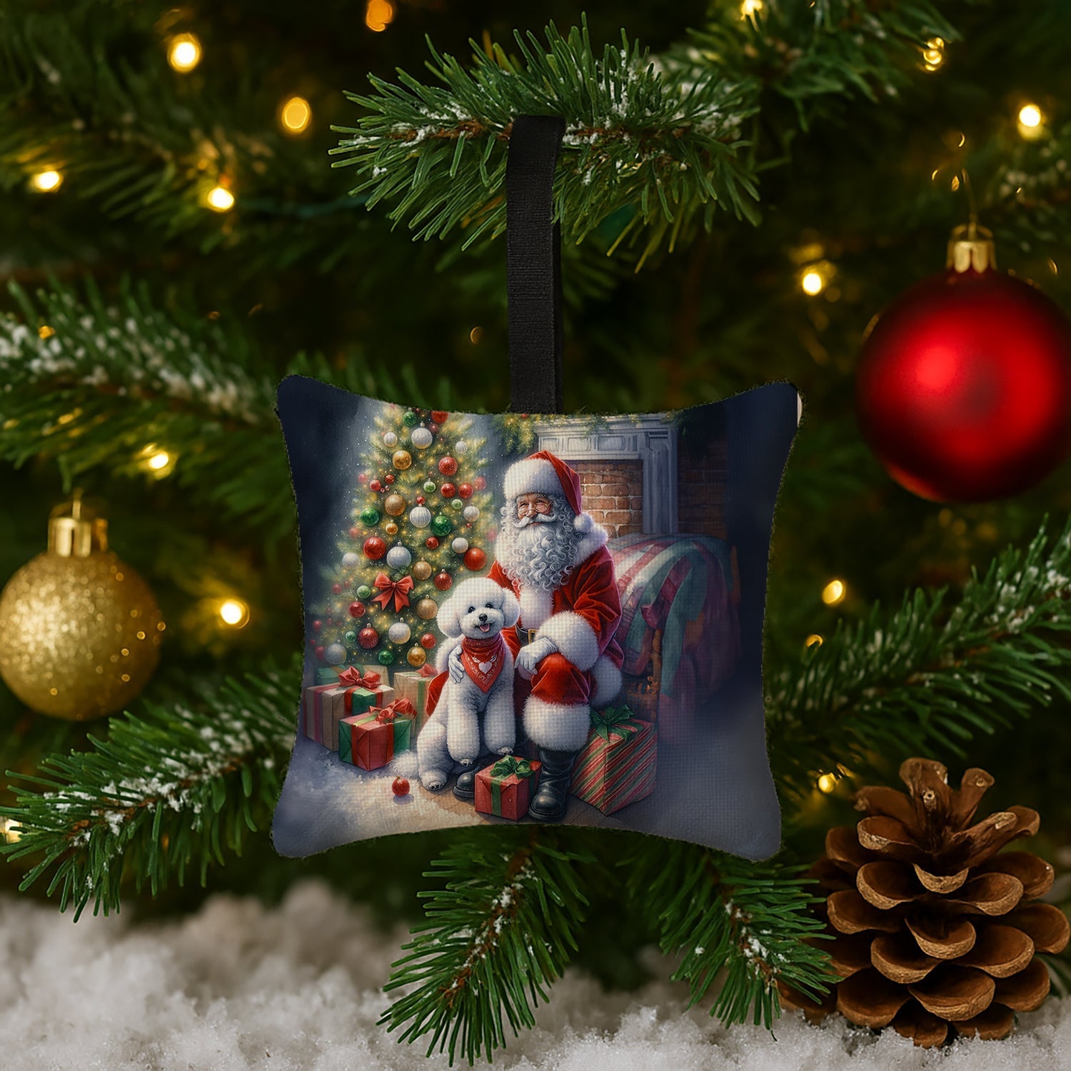 Bichon Frise and Santa Claus Hanging Square Fabric Ornament 3.5 × 3.5 Decorative Door-Knob & Tree Hanger, Soft Fabric