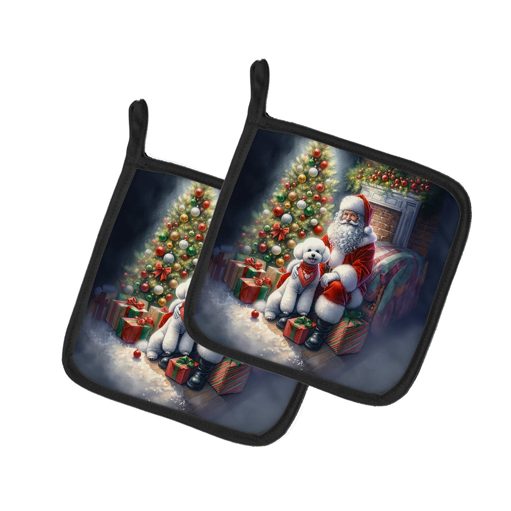Bichon Frise and Santa Claus Pot Holder Set of 2 Heat Resistant Quilted Hot Pads 7.5 x 7.5 Inch, Insulated Kitchen Trivets for Cooking & Baking