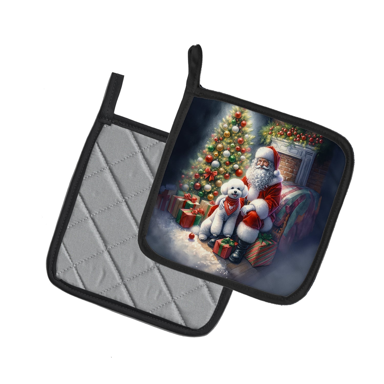 Bichon Frise and Santa Claus Pot Holder Set of 2 Heat Resistant Quilted Hot Pads 7.5 x 7.5 Inch, Insulated Kitchen Trivets for Cooking & Baking