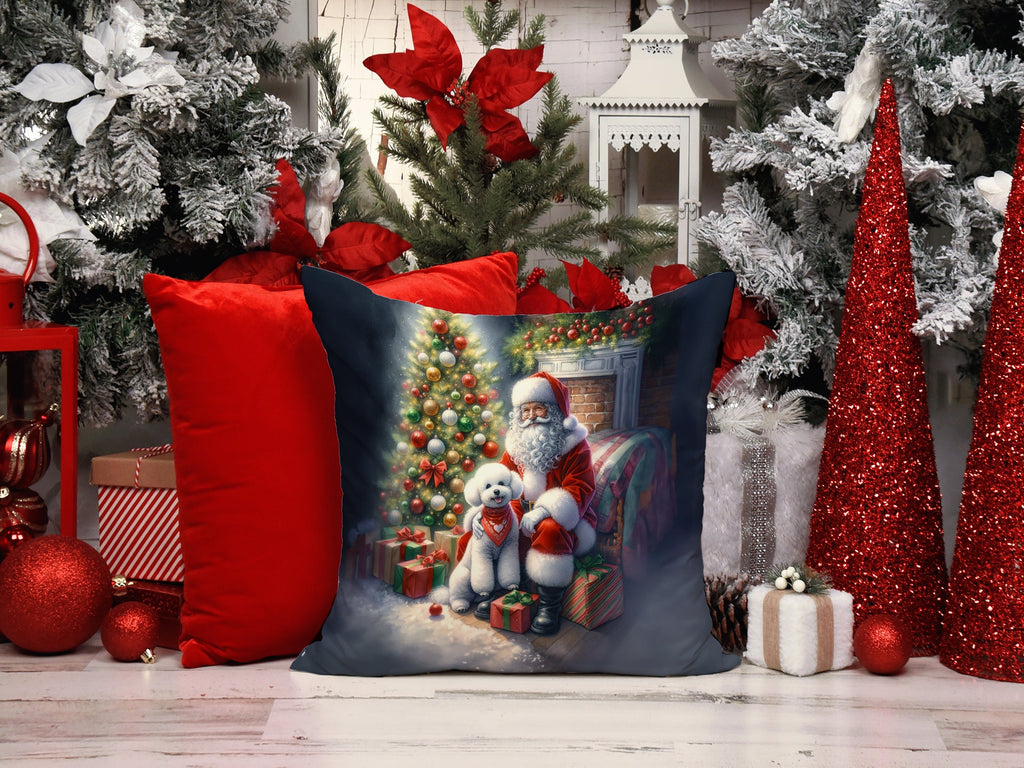 Bichon Frise and Santa Claus Decorative Throw Pillow 14x14 Indoor Outdoor Accent Cushion, Fabric Cover with Insert for Sofa, Bed, Porch & Living Room