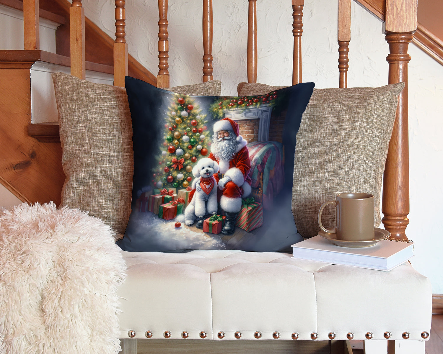 Bichon Frise and Santa Claus Decorative Throw Pillow 14x14 Indoor Outdoor Accent Cushion, Fabric Cover with Insert for Sofa, Bed, Porch & Living Room