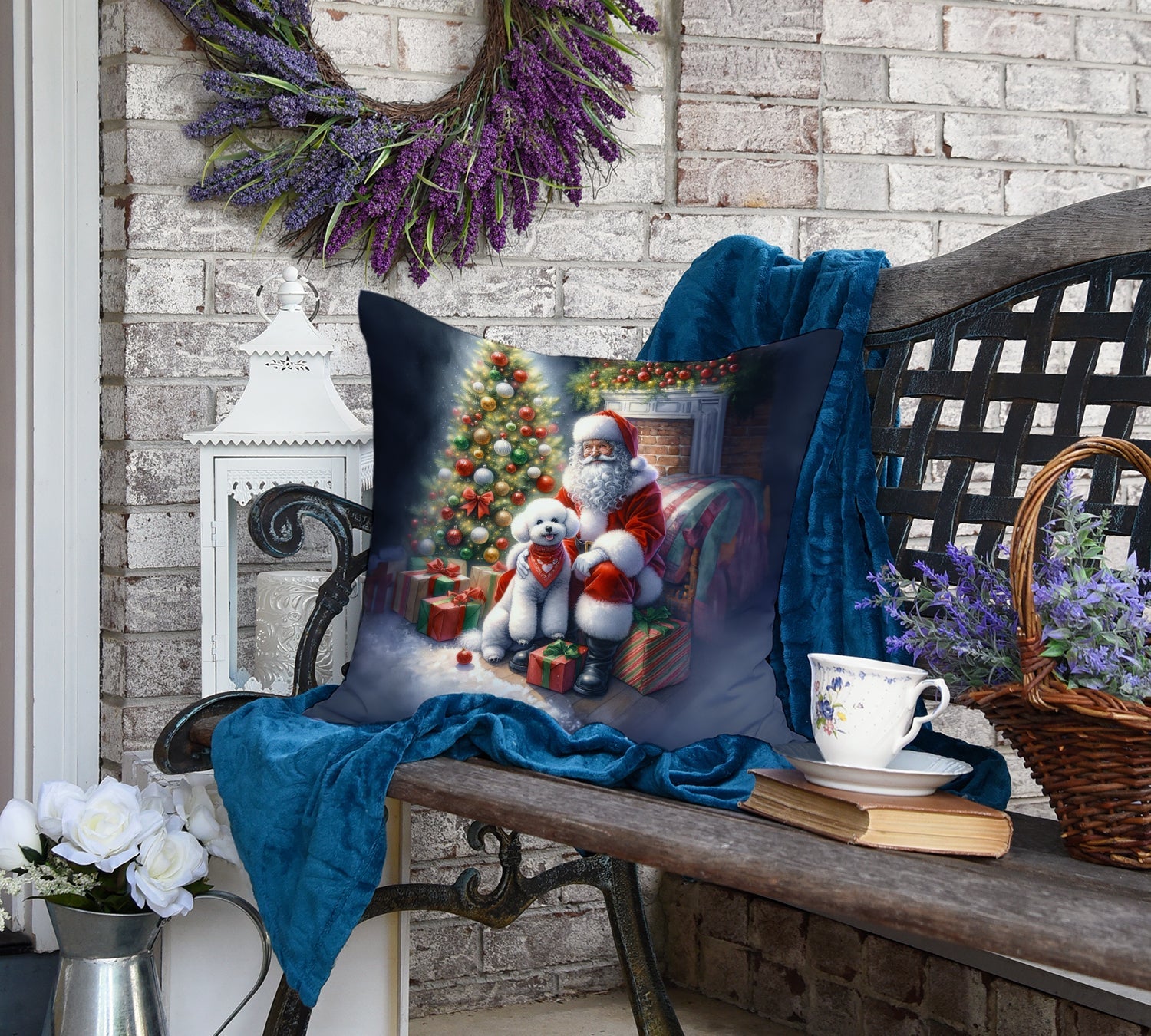 Bichon Frise and Santa Claus Decorative Throw Pillow 18x18 Indoor Outdoor Accent Cushion, Fabric Cover with Insert for Sofa, Bed, Porch & Living Room