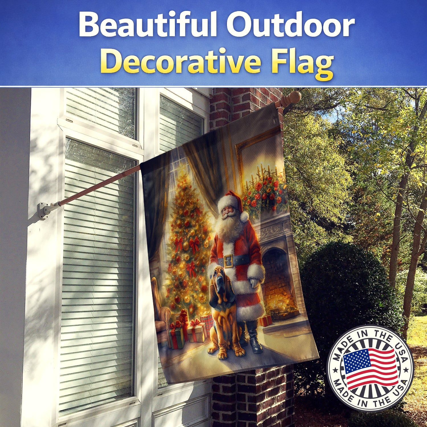 Bloodhound and Santa Claus House Flag 28x40 Porch Sleeve Pole Decorative Outside Yard Banner Artwork Wall Hanging, Polyester