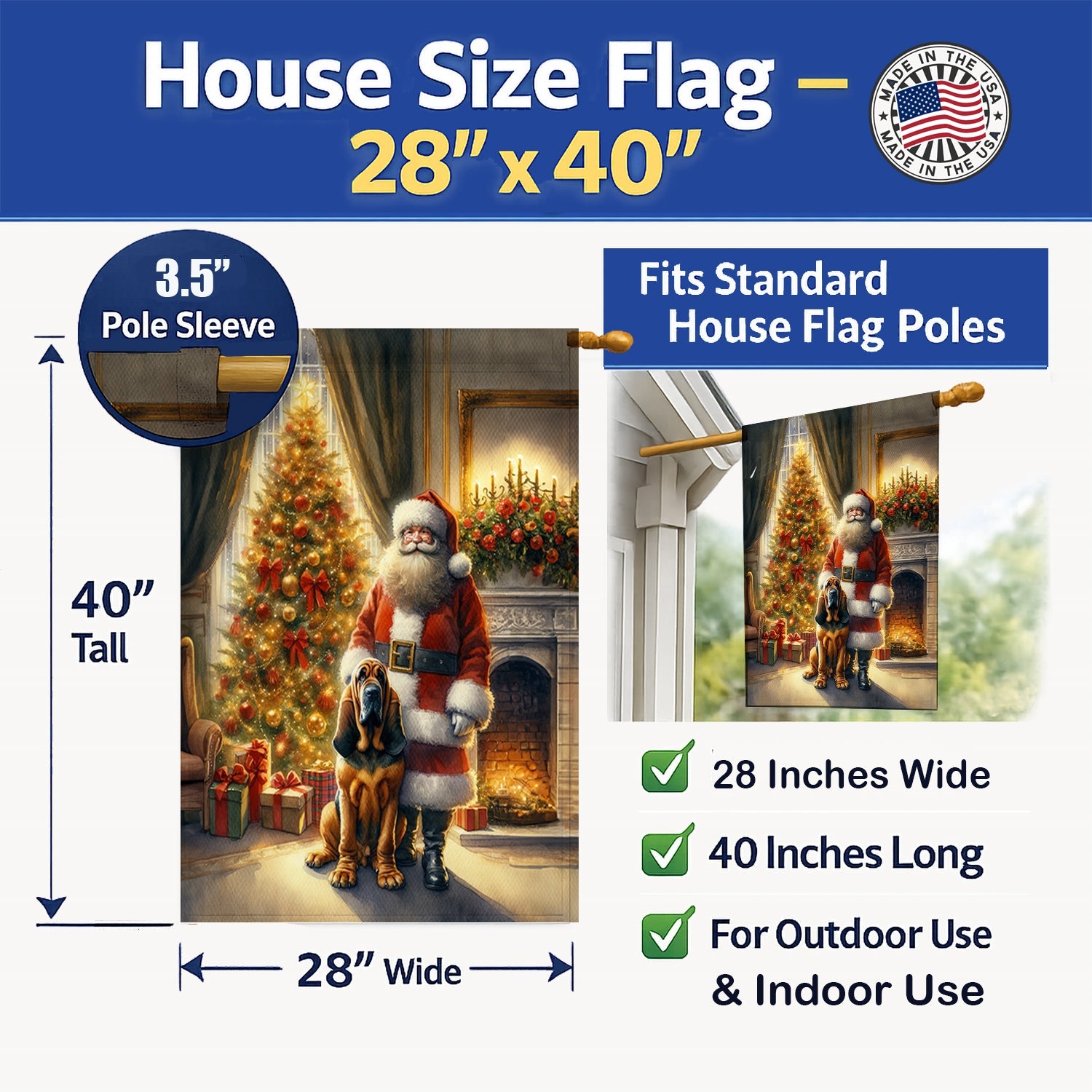 Bloodhound and Santa Claus House Flag 28x40 Porch Sleeve Pole Decorative Outside Yard Banner Artwork Wall Hanging, Polyester