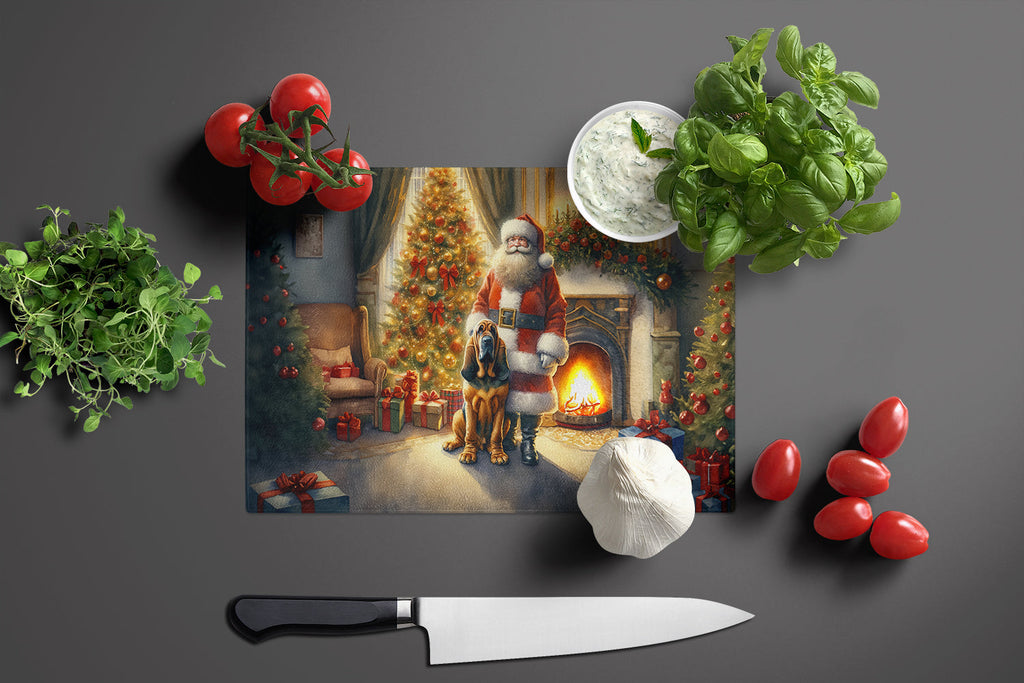 Bloodhound and Santa Claus Cutting Board Tempered Glass Kitchen Cutting Surface, Heat Resistant Chopping, Non-Slip Feet, Food Prep & Serving