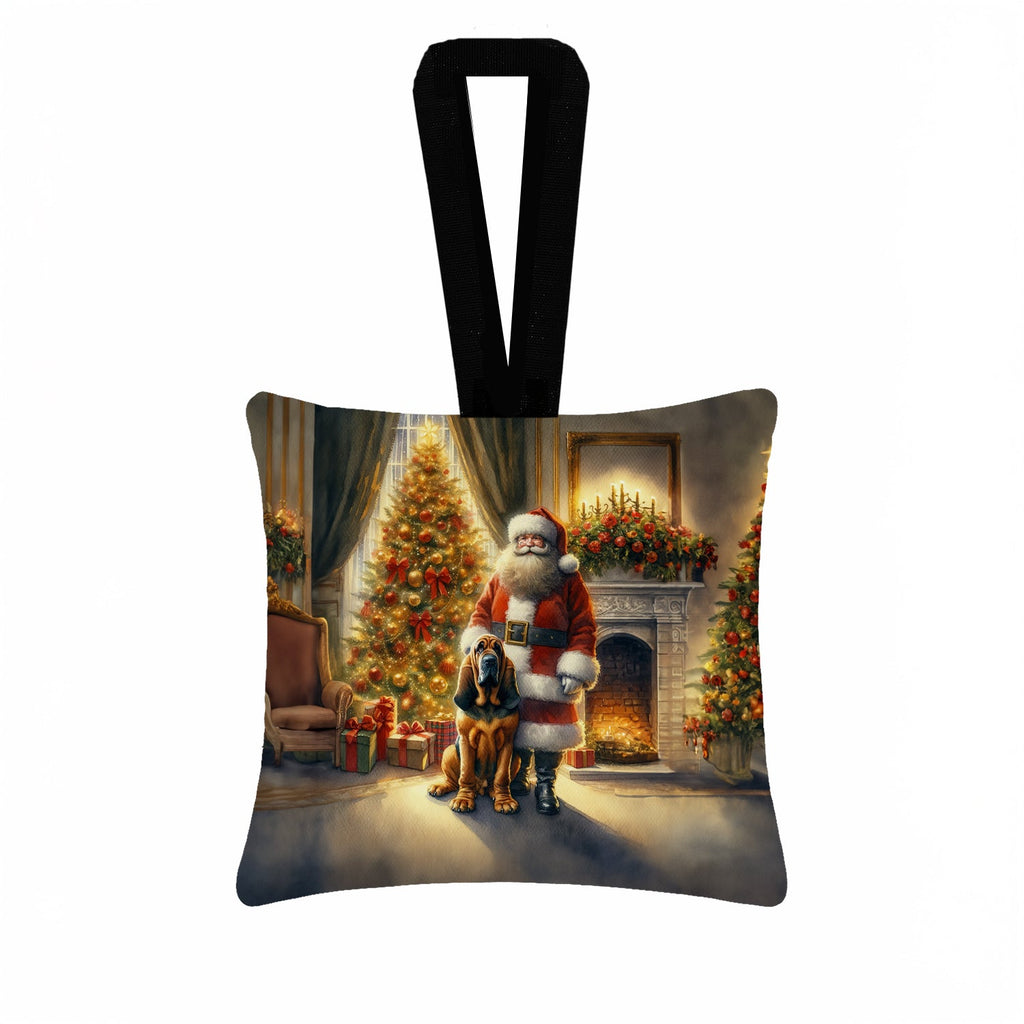 Bloodhound and Santa Claus Hanging Square Fabric Ornament 3.5 × 3.5 Decorative Door-Knob & Tree Hanger, Soft Fabric