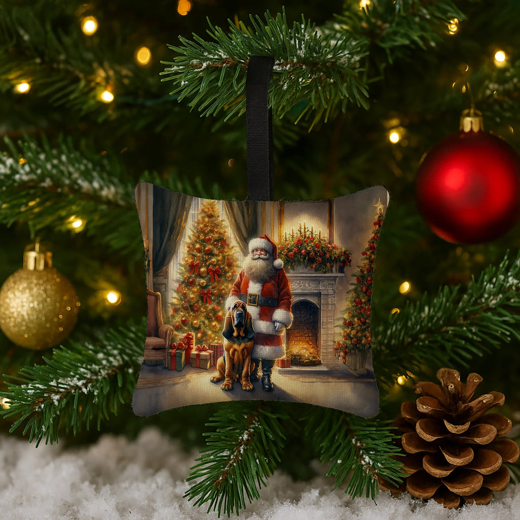 Bloodhound and Santa Claus Hanging Square Fabric Ornament 3.5 × 3.5 Decorative Door-Knob & Tree Hanger, Soft Fabric