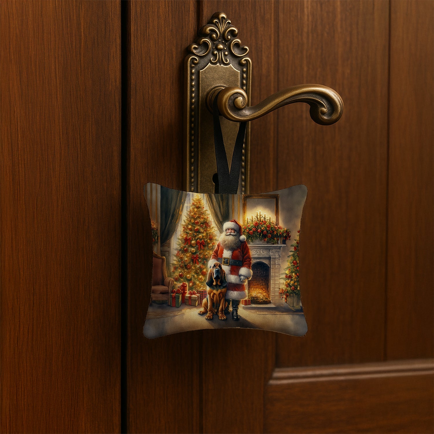 Bloodhound and Santa Claus Hanging Square Fabric Ornament 3.5 × 3.5 Decorative Door-Knob & Tree Hanger, Soft Fabric