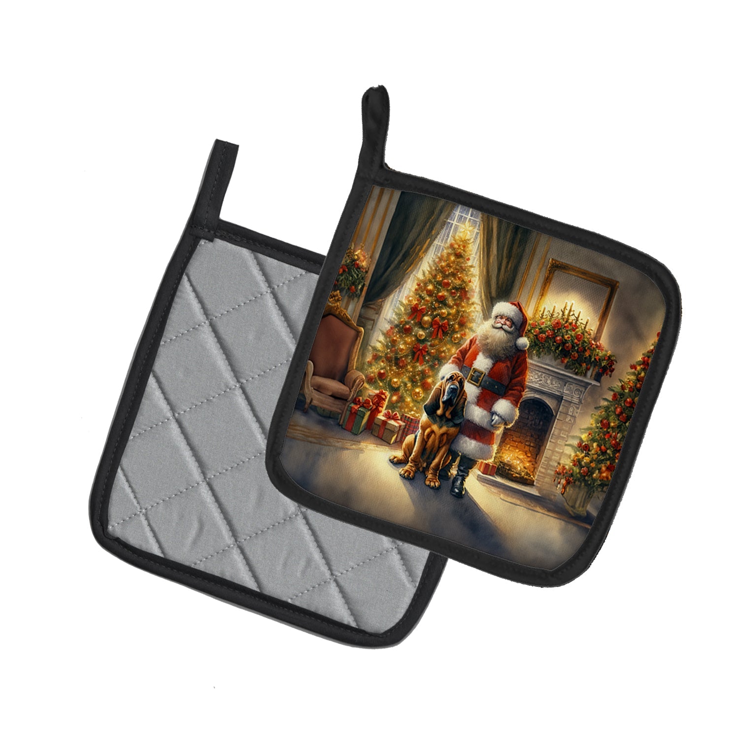 Bloodhound and Santa Claus Pot Holder Set of 2 Heat Resistant Quilted Hot Pads 7.5 x 7.5 Inch, Insulated Kitchen Trivets for Cooking & Baking