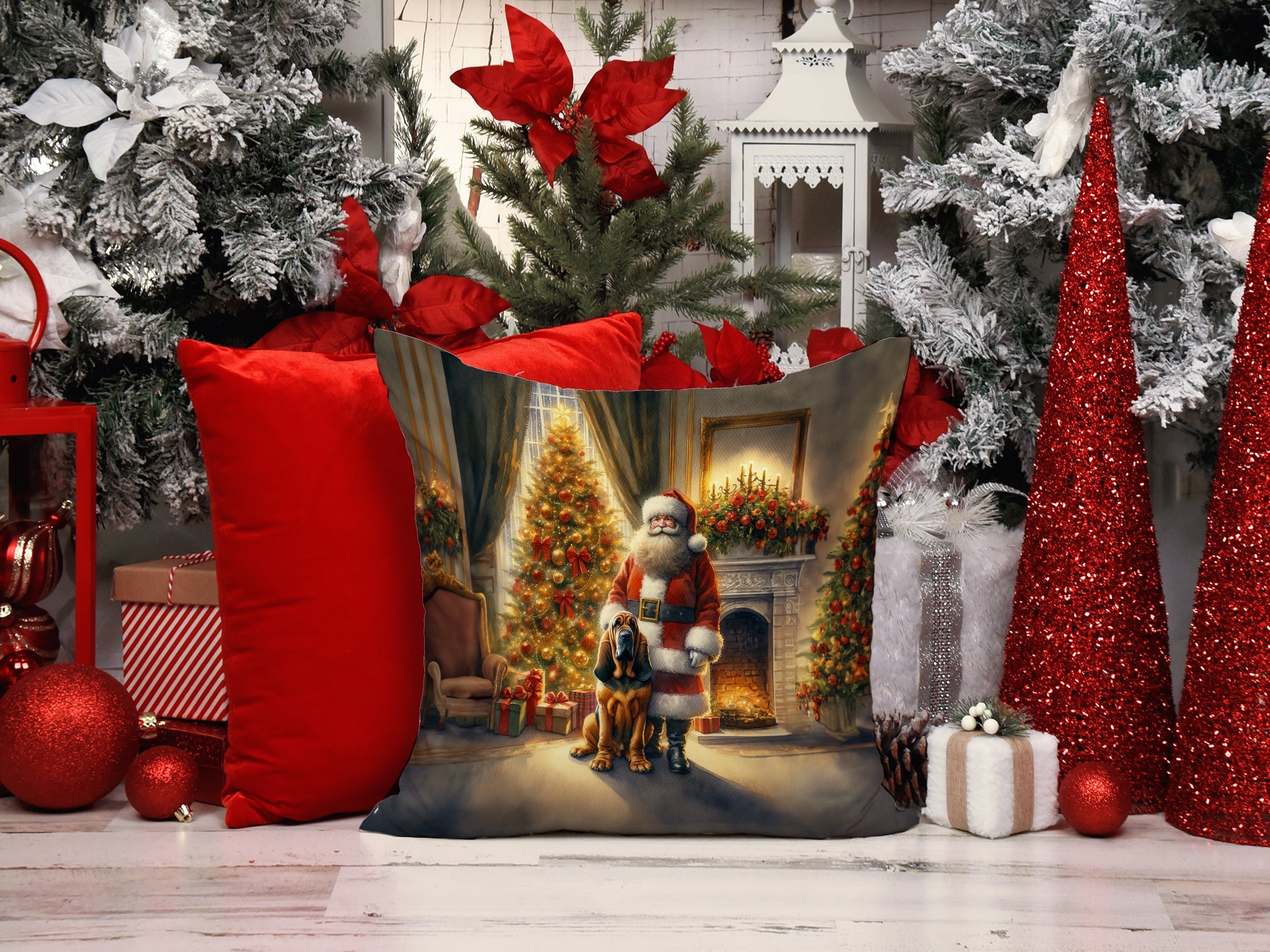 Bloodhound and Santa Claus Decorative Throw Pillow 14x14 Indoor Outdoor Accent Cushion, Fabric Cover with Insert for Sofa, Bed, Porch & Living Room
