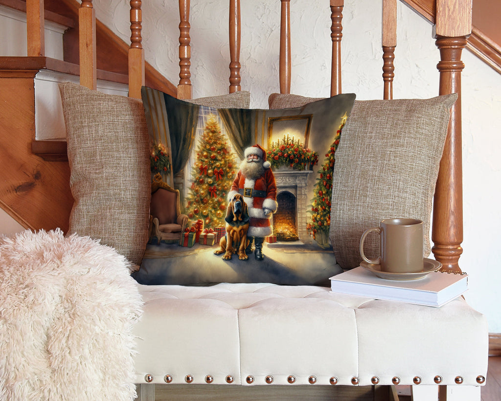 Bloodhound and Santa Claus Decorative Throw Pillow 14x14 Indoor Outdoor Accent Cushion, Fabric Cover with Insert for Sofa, Bed, Porch & Living Room