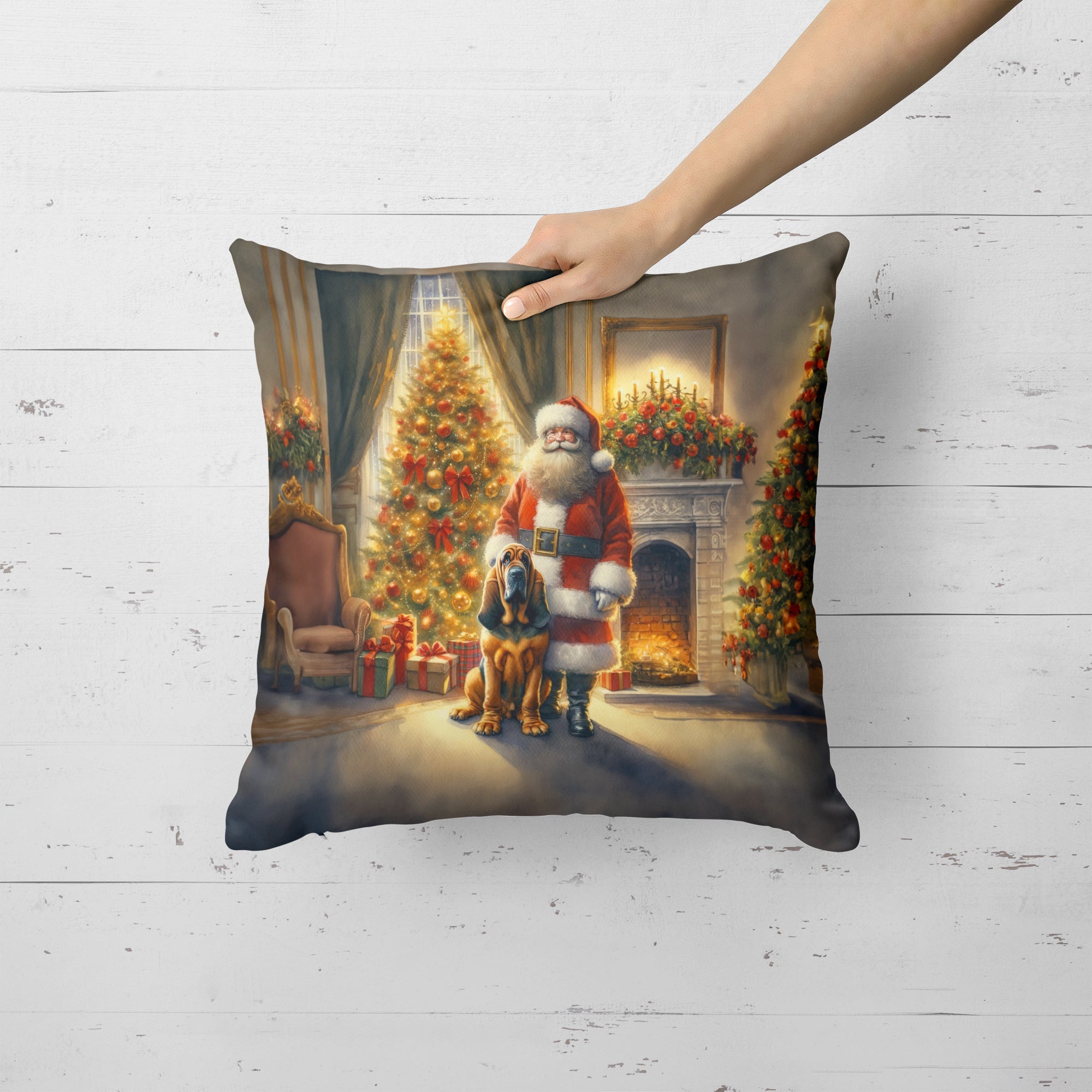 Bloodhound and Santa Claus Decorative Throw Pillow 18x18 Indoor Outdoor Accent Cushion, Fabric Cover with Insert for Sofa, Bed, Porch & Living Room