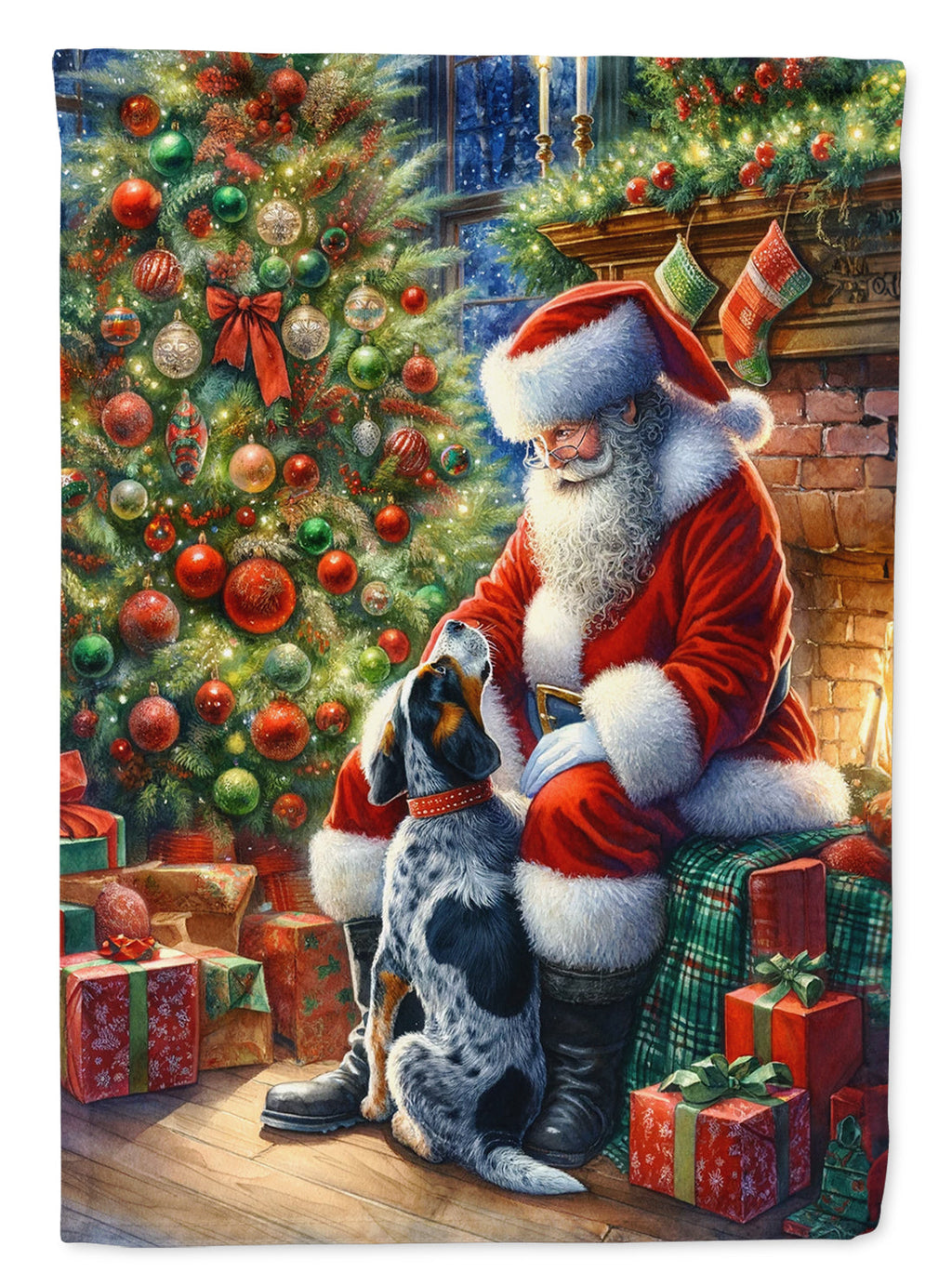Bluetick Hound and Santa Claus House Flag 28x40 Porch Sleeve Pole Decorative Outside Yard Banner Artwork Wall Hanging, Polyester