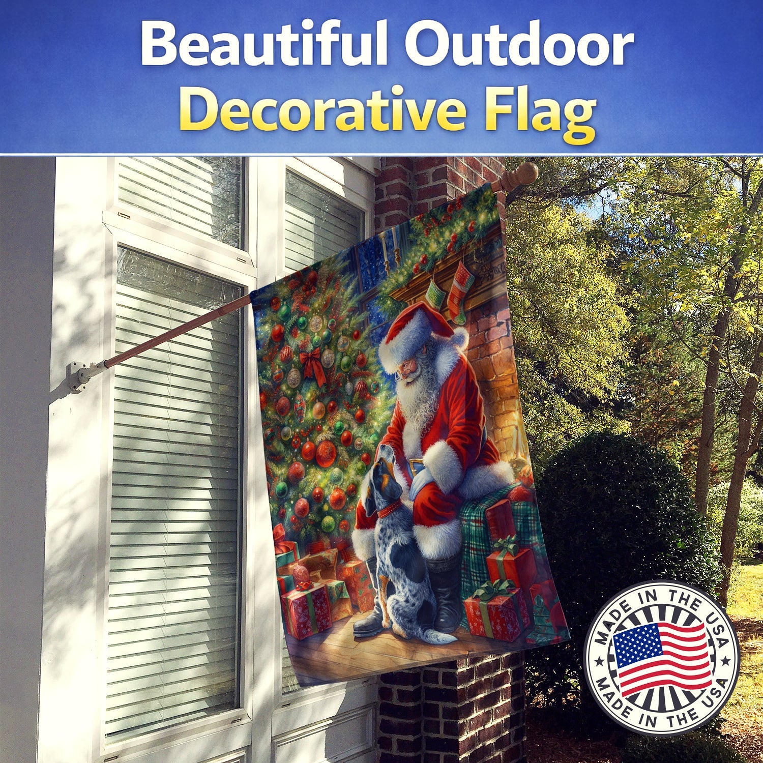 Bluetick Hound and Santa Claus House Flag 28x40 Porch Sleeve Pole Decorative Outside Yard Banner Artwork Wall Hanging, Polyester