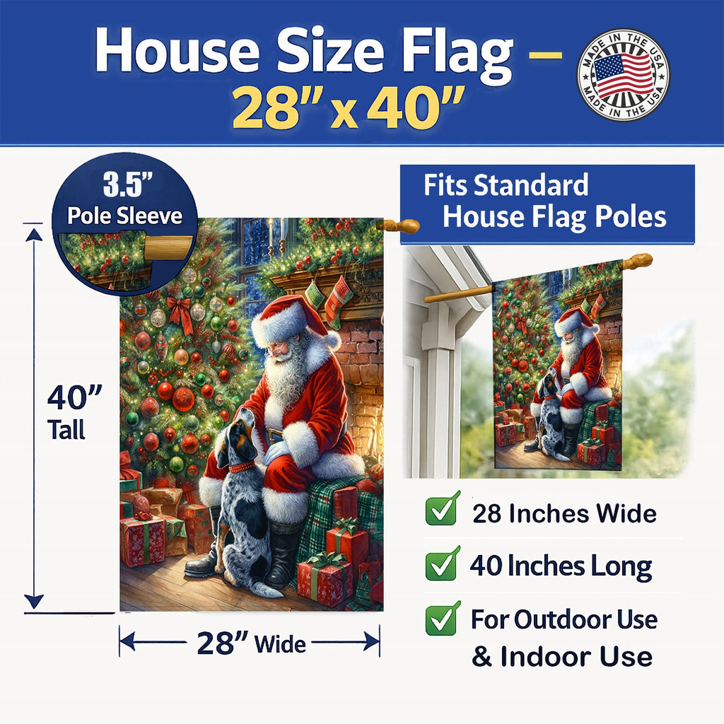 Bluetick Hound and Santa Claus House Flag 28x40 Porch Sleeve Pole Decorative Outside Yard Banner Artwork Wall Hanging, Polyester