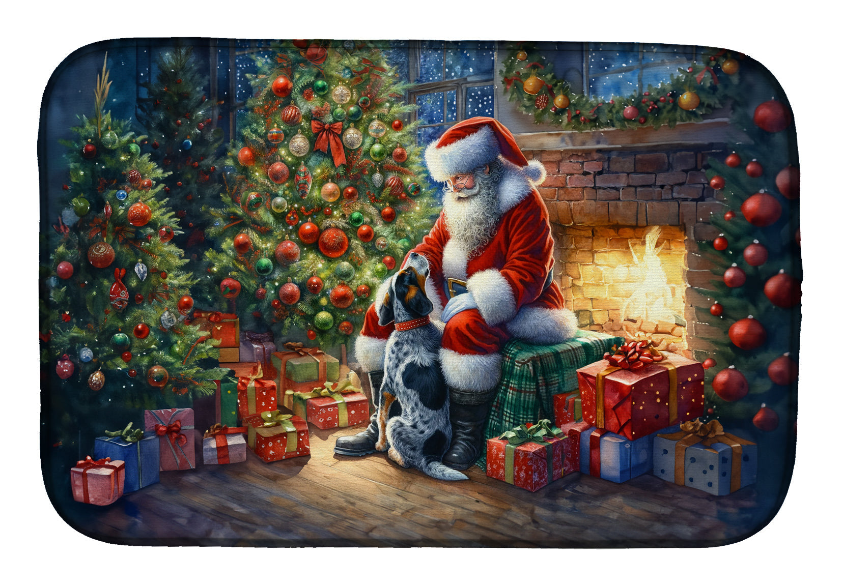 Bluetick Hound and Santa Claus Dish Drying Mat Absorbent Dish Drying Mat Pad for Kitchen Counter Dish Drainer Mat for Countertop, 14 x 21", Multicolor
