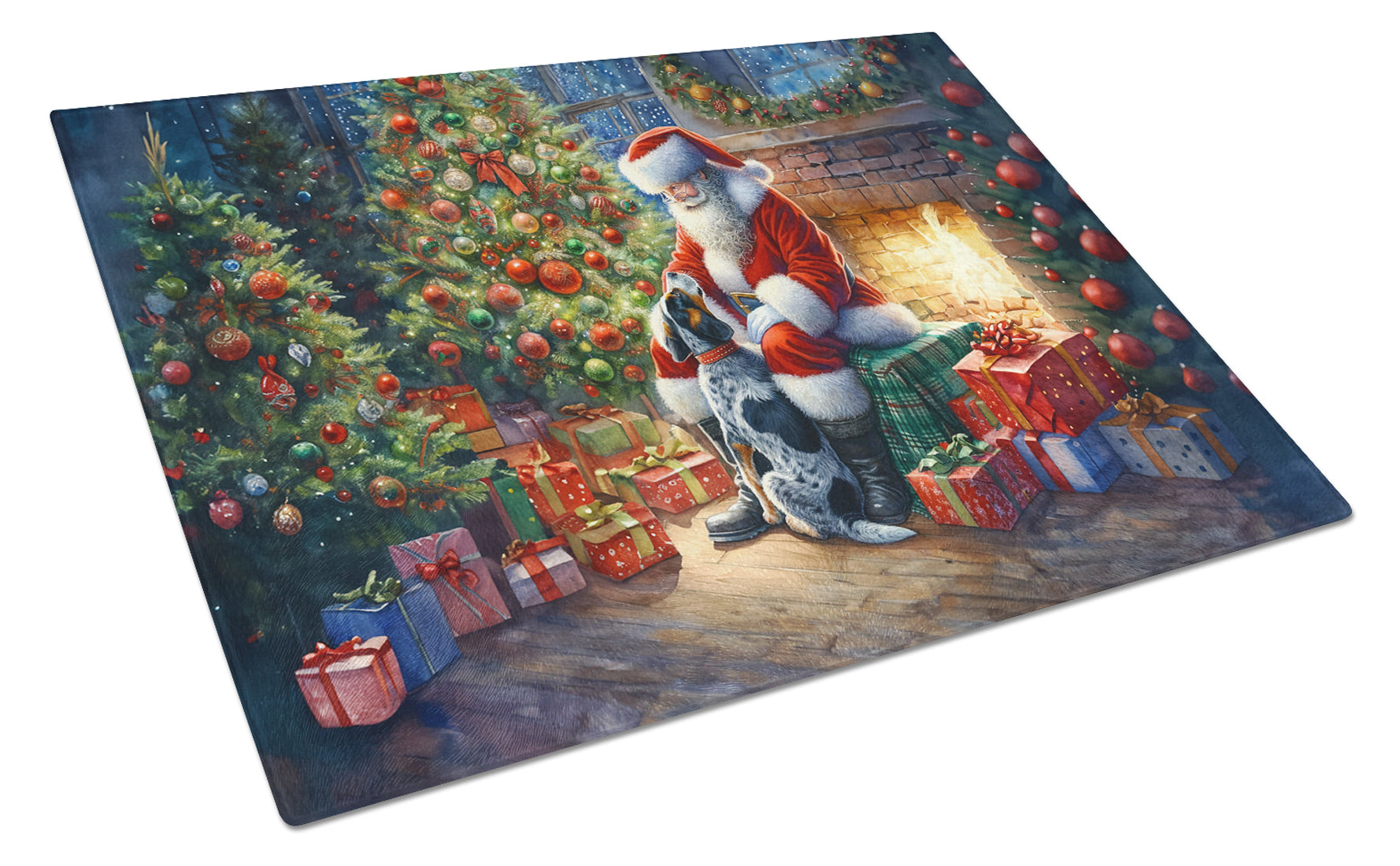 Bluetick Hound and Santa Claus Cutting Board Tempered Glass Kitchen Cutting Surface, Heat Resistant Chopping, Non-Slip Feet, Food Prep & Serving