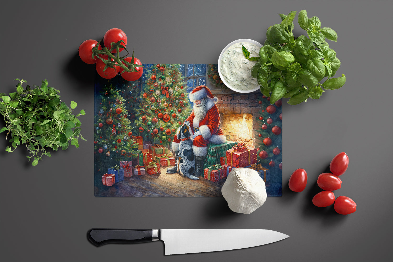 Bluetick Hound and Santa Claus Cutting Board Tempered Glass Kitchen Cutting Surface, Heat Resistant Chopping, Non-Slip Feet, Food Prep & Serving