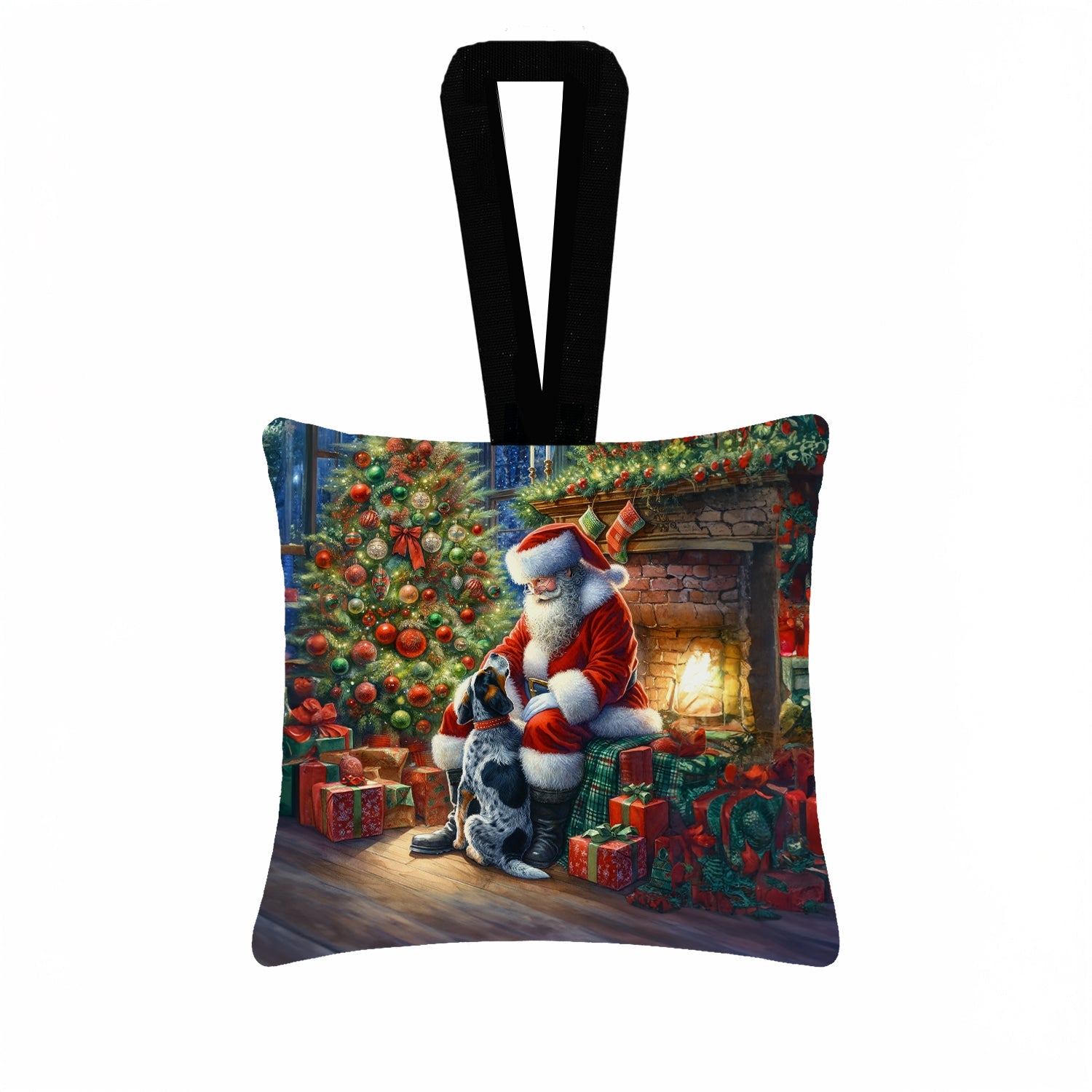 Bluetick Hound and Santa Claus Hanging Square Fabric Ornament 3.5 × 3.5 Decorative Door-Knob & Tree Hanger, Soft Fabric