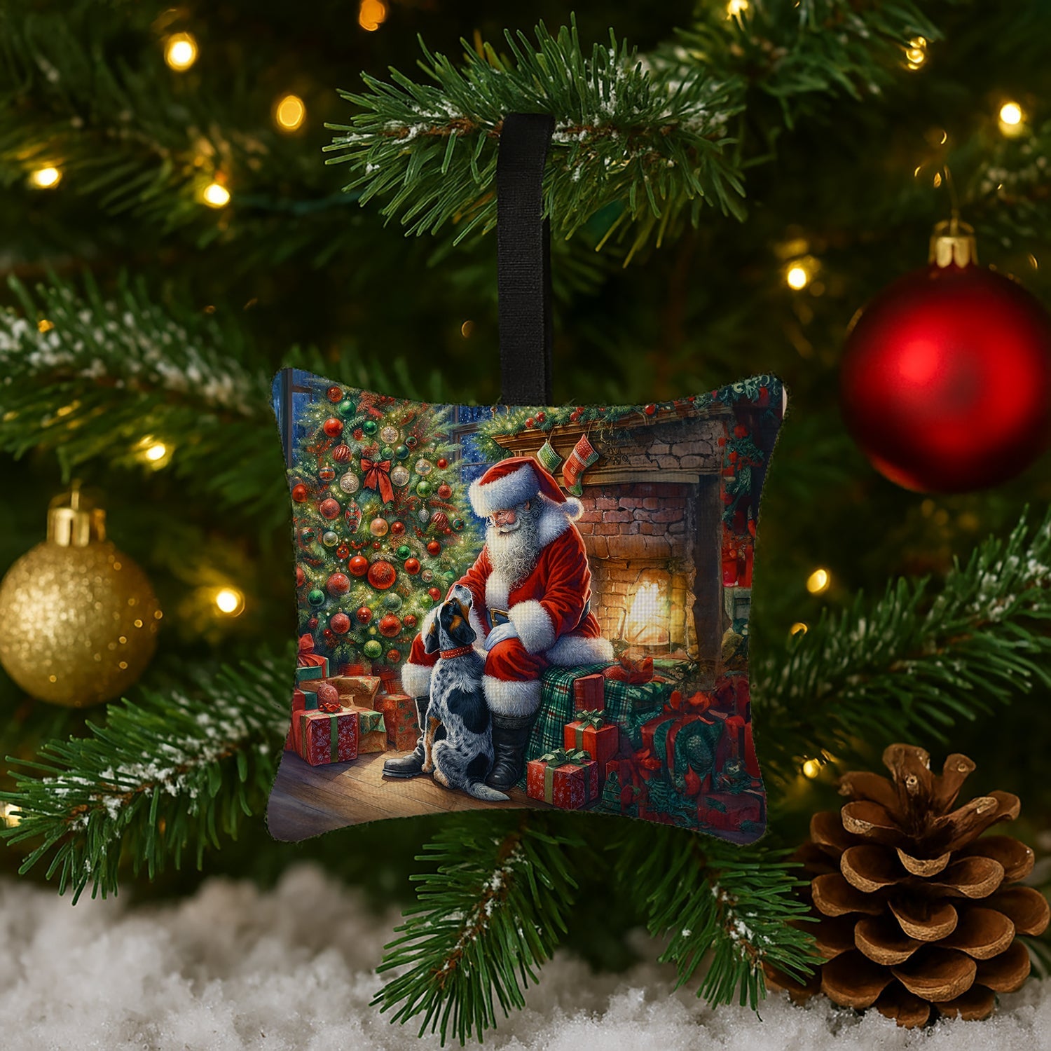 Bluetick Hound and Santa Claus Hanging Square Fabric Ornament 3.5 × 3.5 Decorative Door-Knob & Tree Hanger, Soft Fabric