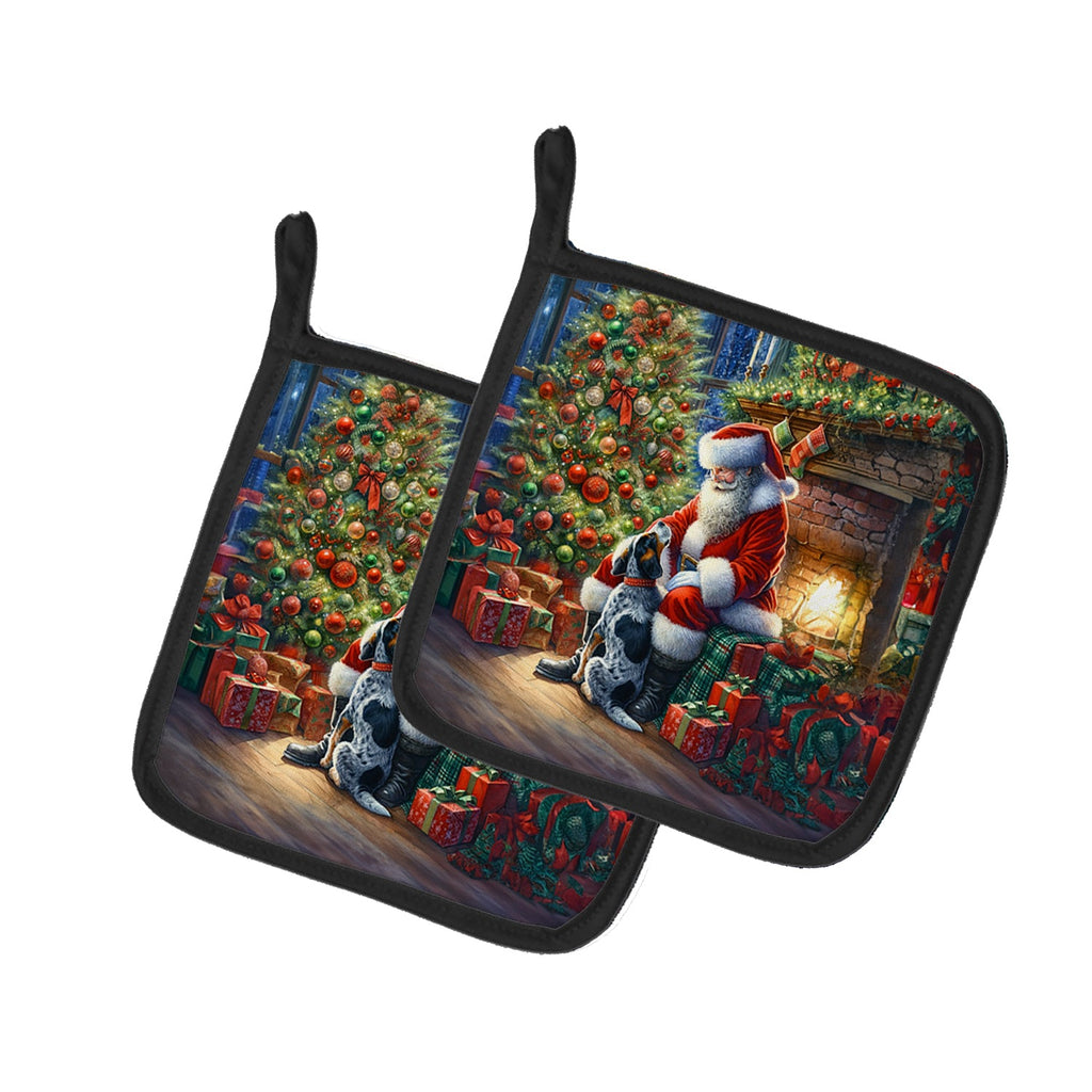 Bluetick Hound and Santa Claus Pot Holder Set of 2 Heat Resistant Quilted Hot Pads 7.5 x 7.5 Inch, Insulated Kitchen Trivets for Cooking & Baking