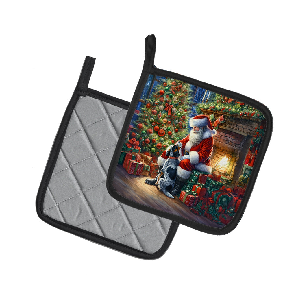 Bluetick Hound and Santa Claus Pot Holder Set of 2 Heat Resistant Quilted Hot Pads 7.5 x 7.5 Inch, Insulated Kitchen Trivets for Cooking & Baking