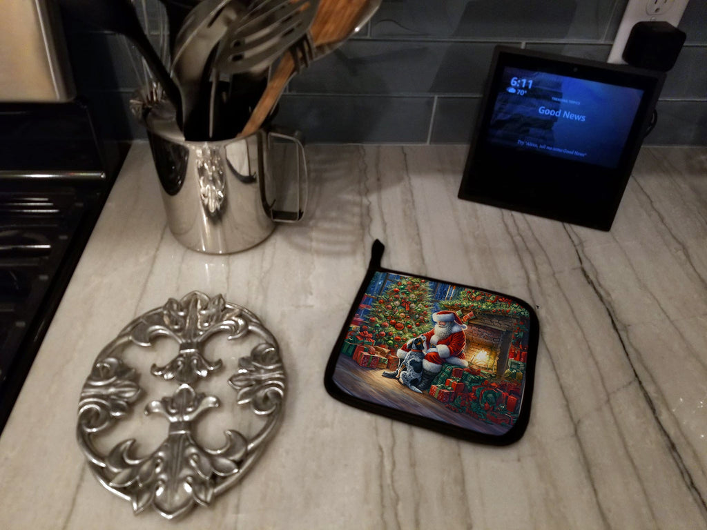 Bluetick Hound and Santa Claus Pot Holder Set of 2 Heat Resistant Quilted Hot Pads 7.5 x 7.5 Inch, Insulated Kitchen Trivets for Cooking & Baking