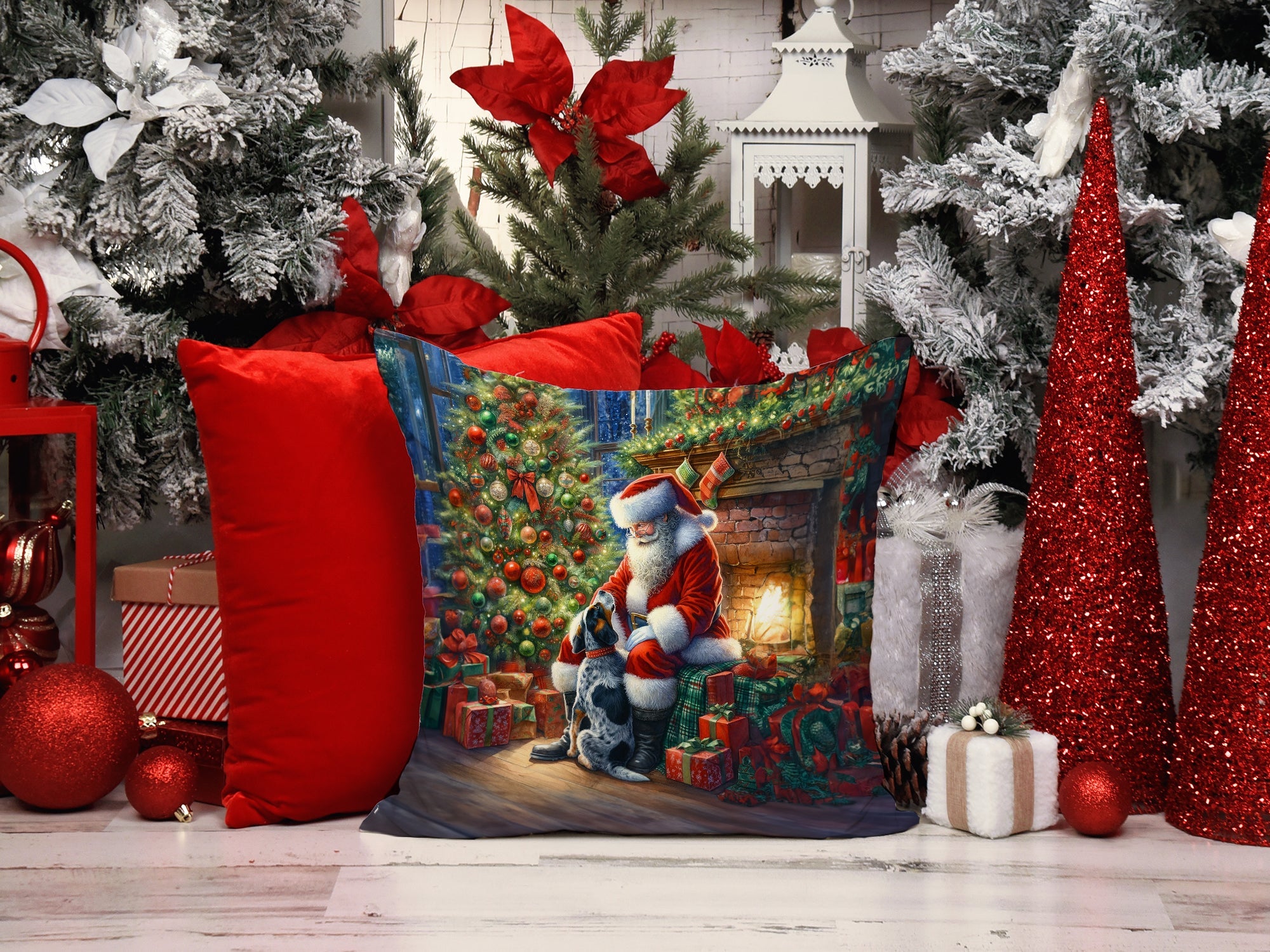 Bluetick Hound and Santa Claus Decorative Throw Pillow 14x14 Indoor Outdoor Accent Cushion, Fabric Cover with Insert for Sofa, Bed, Porch & Living Room