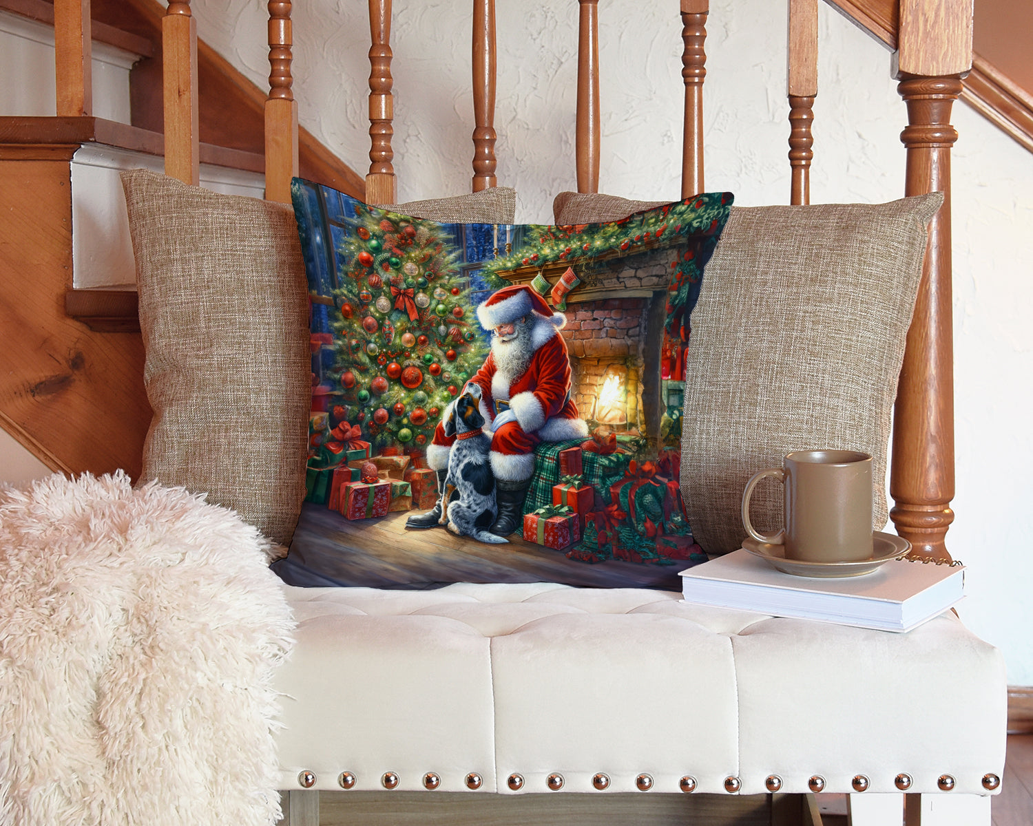 Bluetick Hound and Santa Claus Decorative Throw Pillow 14x14 Indoor Outdoor Accent Cushion, Fabric Cover with Insert for Sofa, Bed, Porch & Living Room