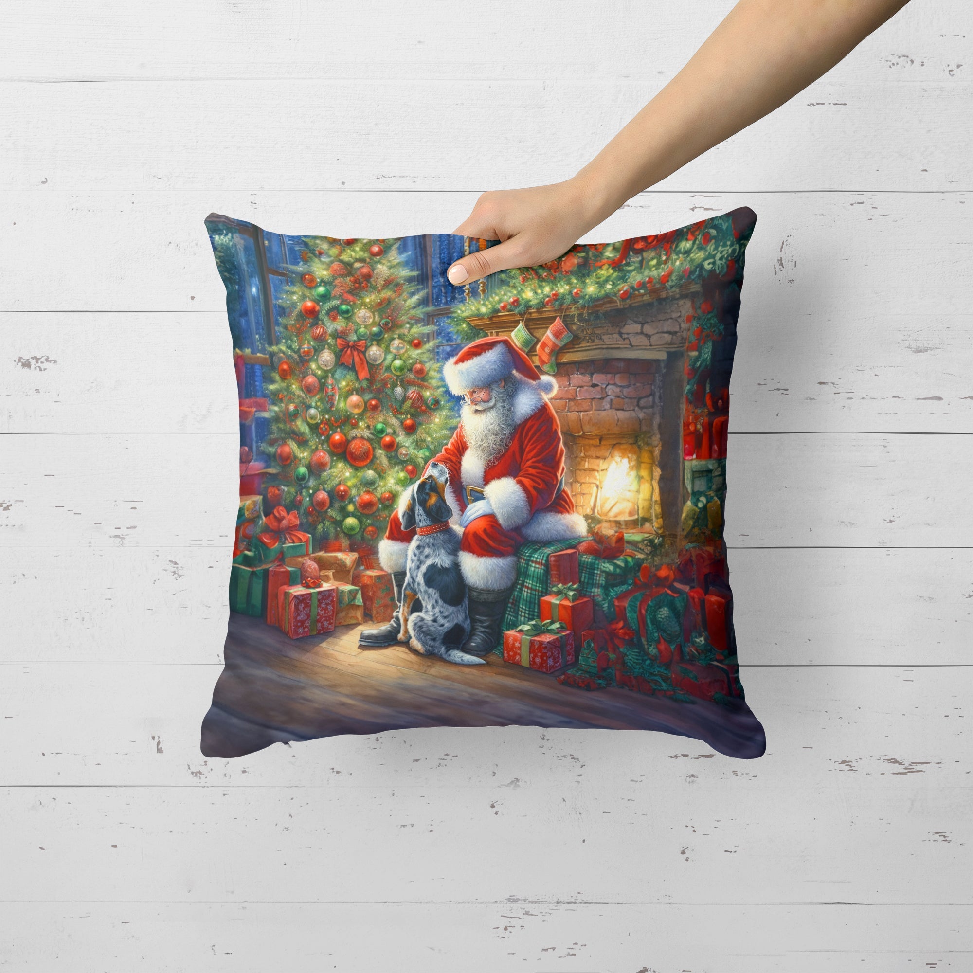 Bluetick Hound and Santa Claus Decorative Throw Pillow 18x18 Indoor Outdoor Accent Cushion, Fabric Cover with Insert for Sofa, Bed, Porch & Living Room