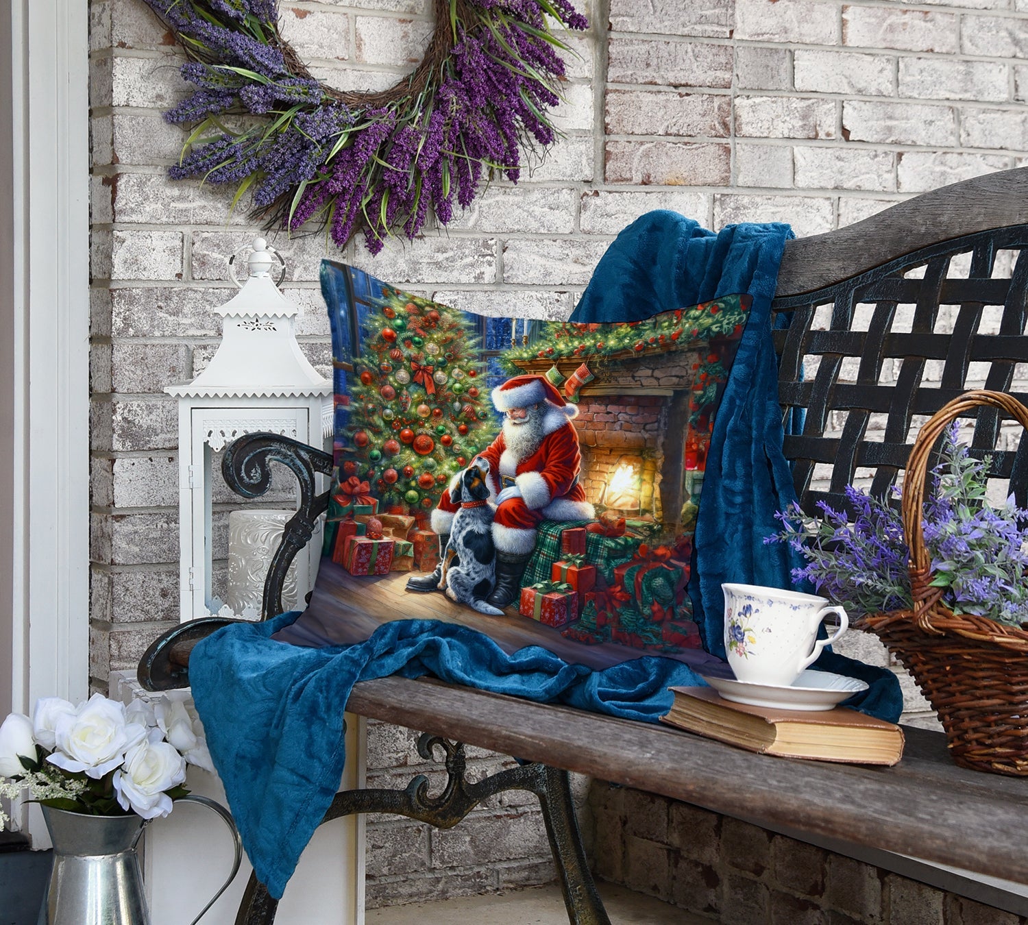 Bluetick Hound and Santa Claus Decorative Throw Pillow 18x18 Indoor Outdoor Accent Cushion, Fabric Cover with Insert for Sofa, Bed, Porch & Living Room