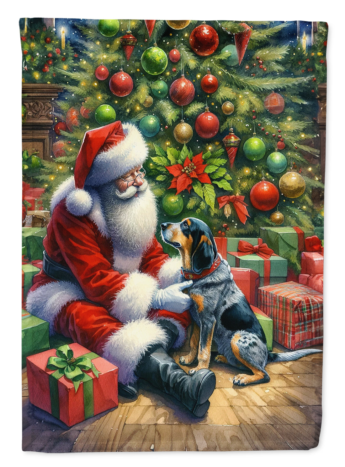Bluetick Hound and Santa Claus House Flag 28x40 Porch Sleeve Pole Decorative Outside Yard Banner Artwork Wall Hanging, Polyester