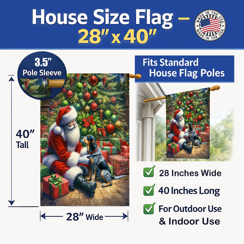 Bluetick Hound and Santa Claus House Flag 28x40 Porch Sleeve Pole Decorative Outside Yard Banner Artwork Wall Hanging, Polyester