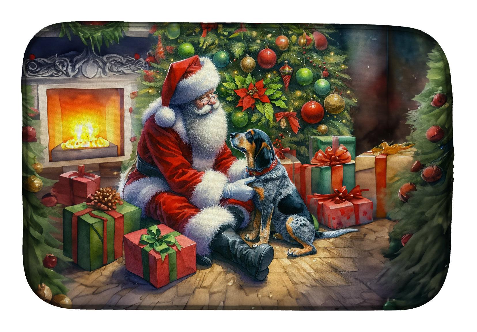 Bluetick Hound and Santa Claus Dish Drying Mat Absorbent Dish Drying Mat Pad for Kitchen Counter Dish Drainer Mat for Countertop, 14 x 21", Multicolor