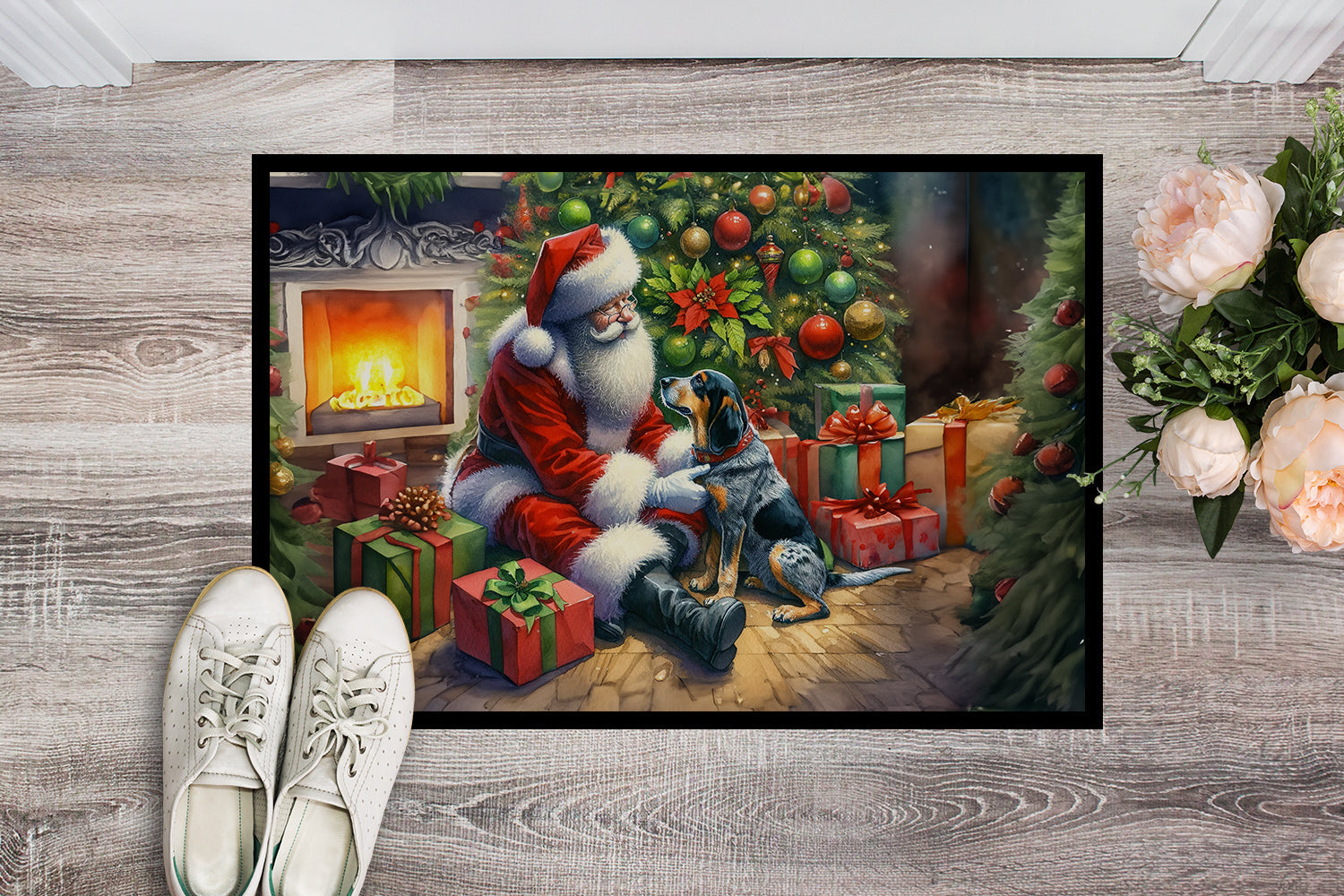 Bluetick Hound and Santa Claus Doormat Indoor Outdoor 24H X 36W Front Door Mat Rugs for Entryway, Non Slip Washable Low Pile,