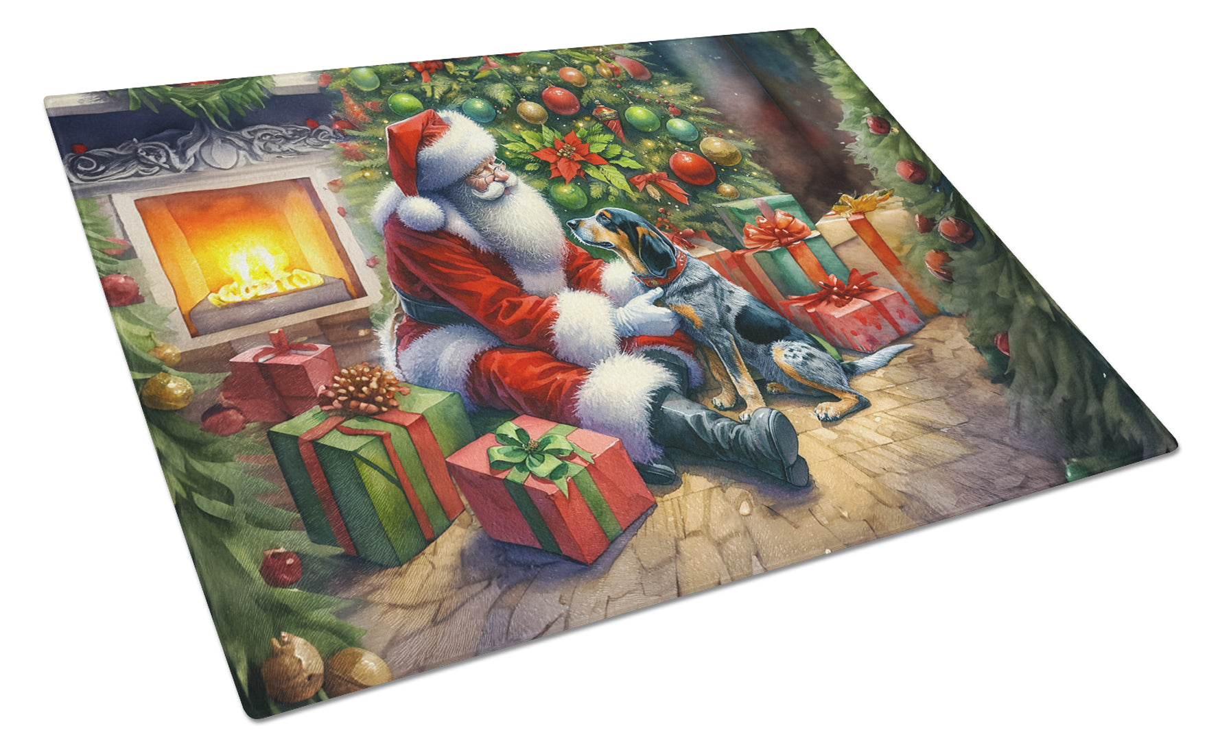 Bluetick Hound and Santa Claus Cutting Board Tempered Glass Kitchen Cutting Surface, Heat Resistant Chopping, Non-Slip Feet, Food Prep & Serving