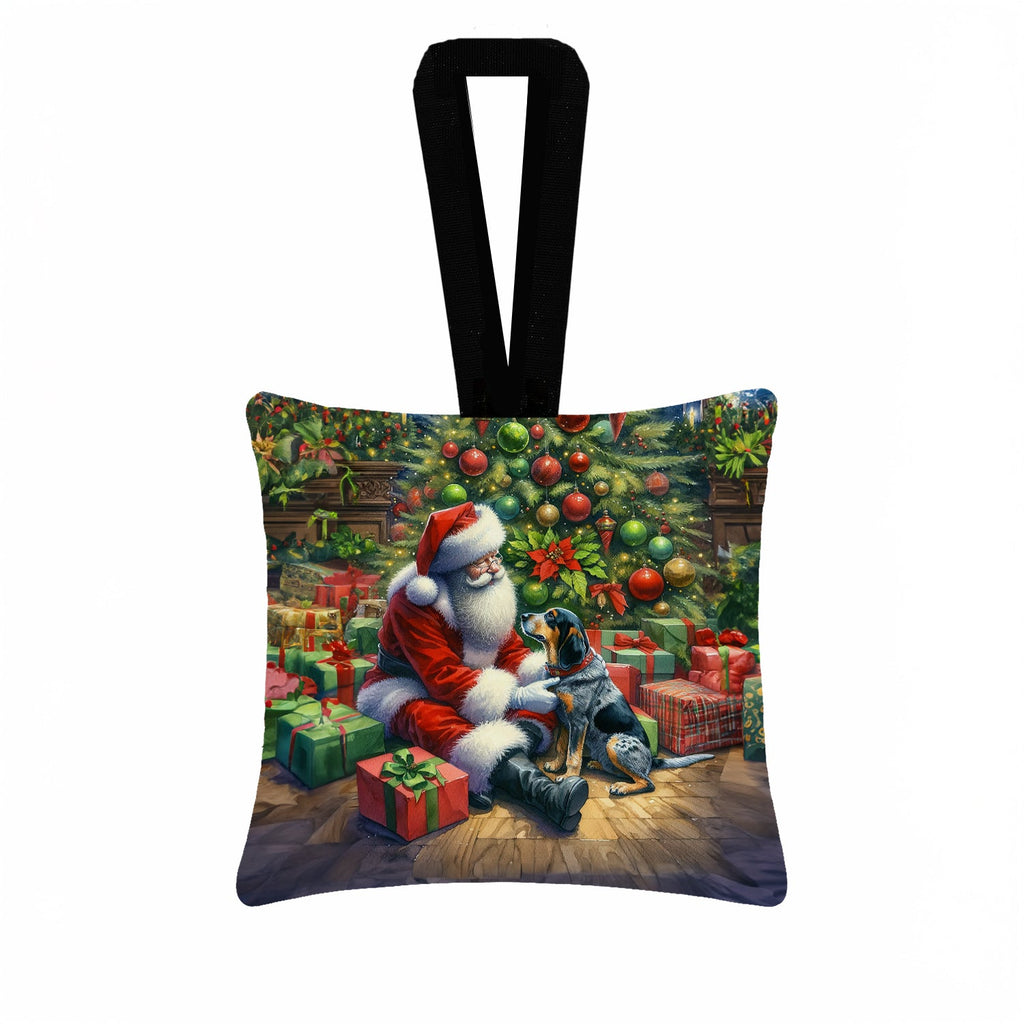 Bluetick Hound and Santa Claus Hanging Square Fabric Ornament 3.5 × 3.5 Decorative Door-Knob & Tree Hanger, Soft Fabric