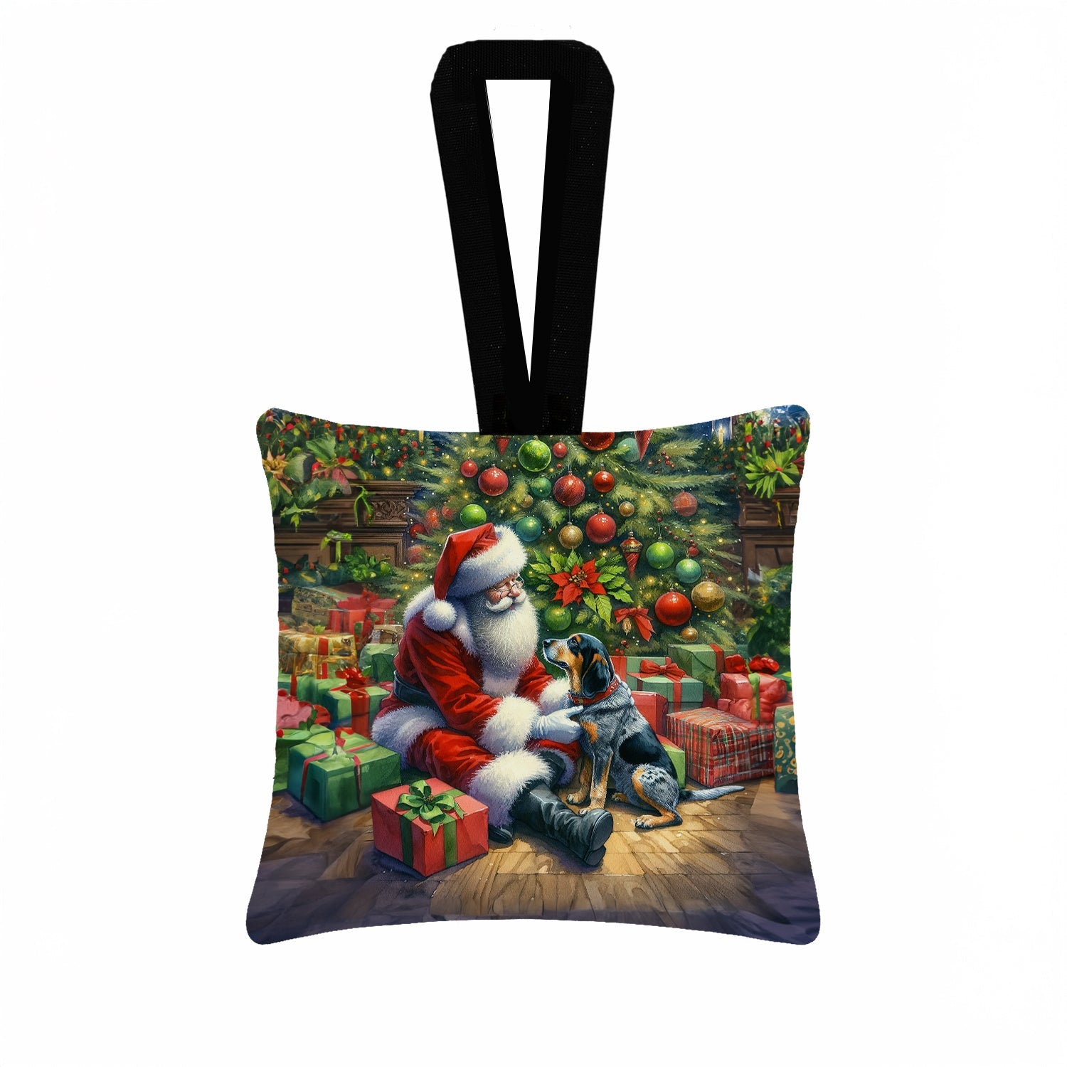 Bluetick Hound and Santa Claus Hanging Square Fabric Ornament 3.5 × 3.5 Decorative Door-Knob & Tree Hanger, Soft Fabric