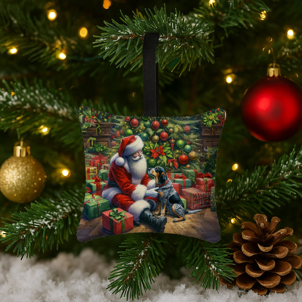 Bluetick Hound and Santa Claus Hanging Square Fabric Ornament 3.5 × 3.5 Decorative Door-Knob & Tree Hanger, Soft Fabric