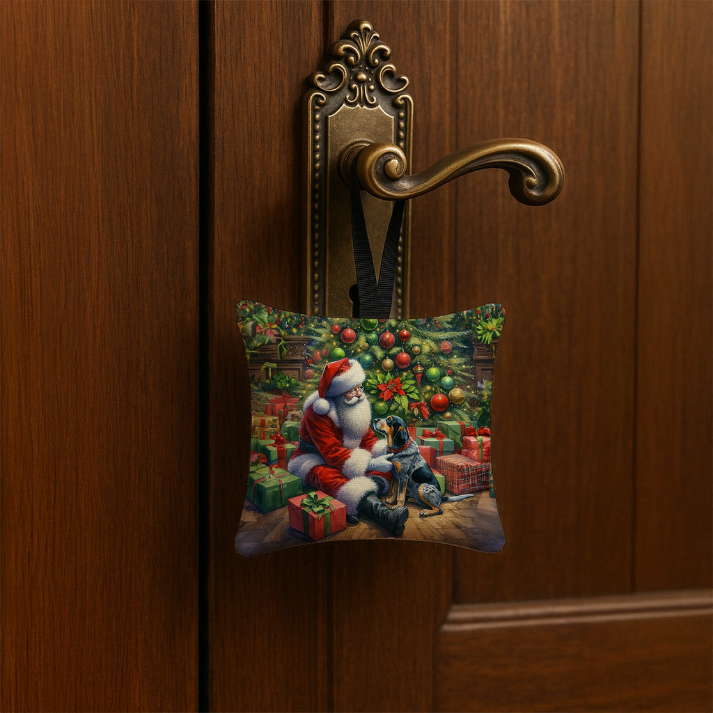 Bluetick Hound and Santa Claus Hanging Square Fabric Ornament 3.5 × 3.5 Decorative Door-Knob & Tree Hanger, Soft Fabric
