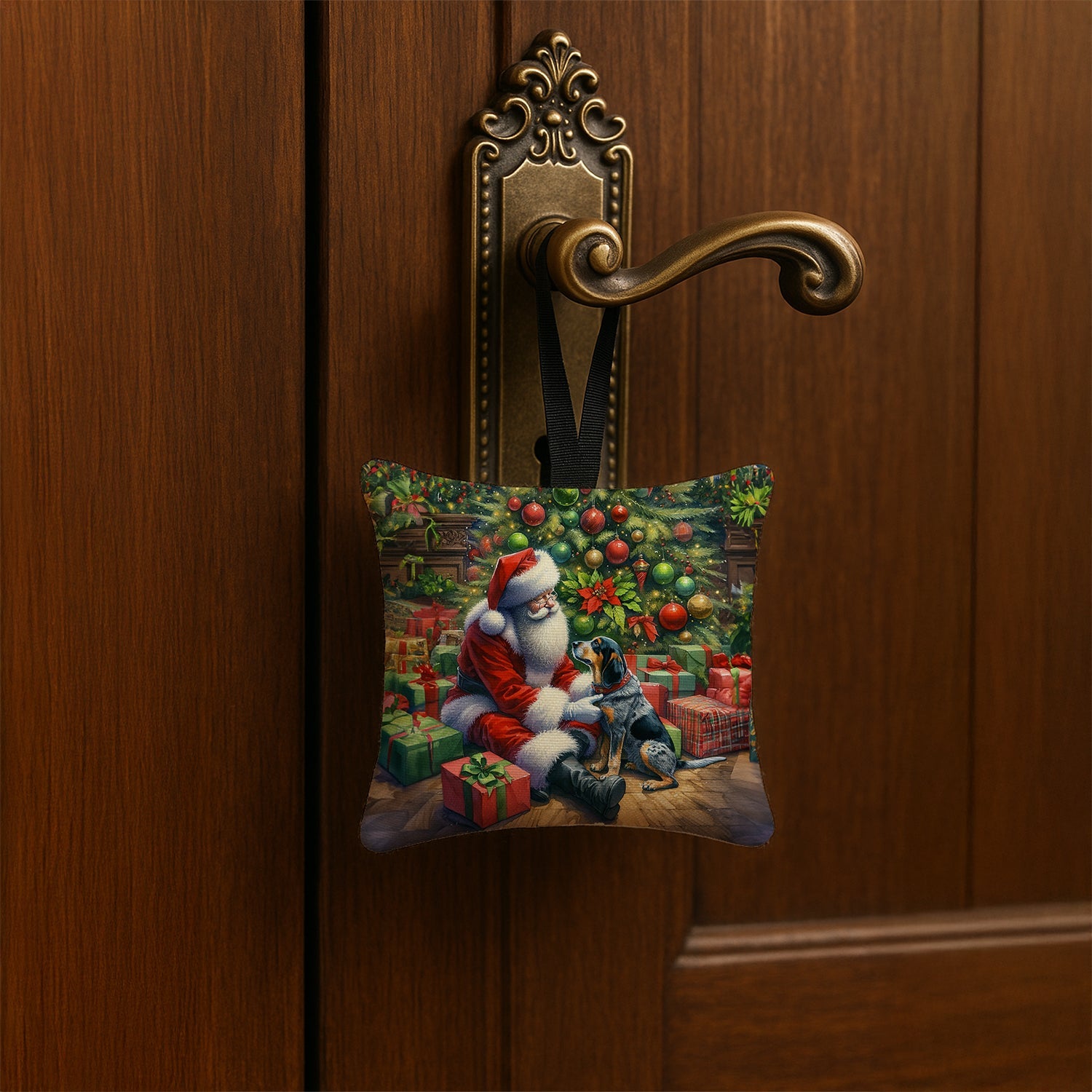 Bluetick Hound and Santa Claus Hanging Square Fabric Ornament 3.5 × 3.5 Decorative Door-Knob & Tree Hanger, Soft Fabric