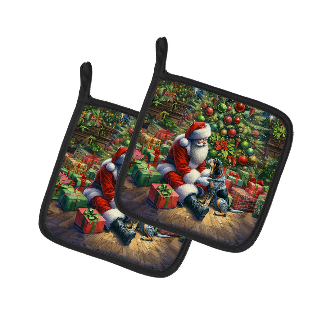 Bluetick Hound and Santa Claus Pot Holder Set of 2 Heat Resistant Quilted Hot Pads 7.5 x 7.5 Inch, Insulated Kitchen Trivets for Cooking & Baking