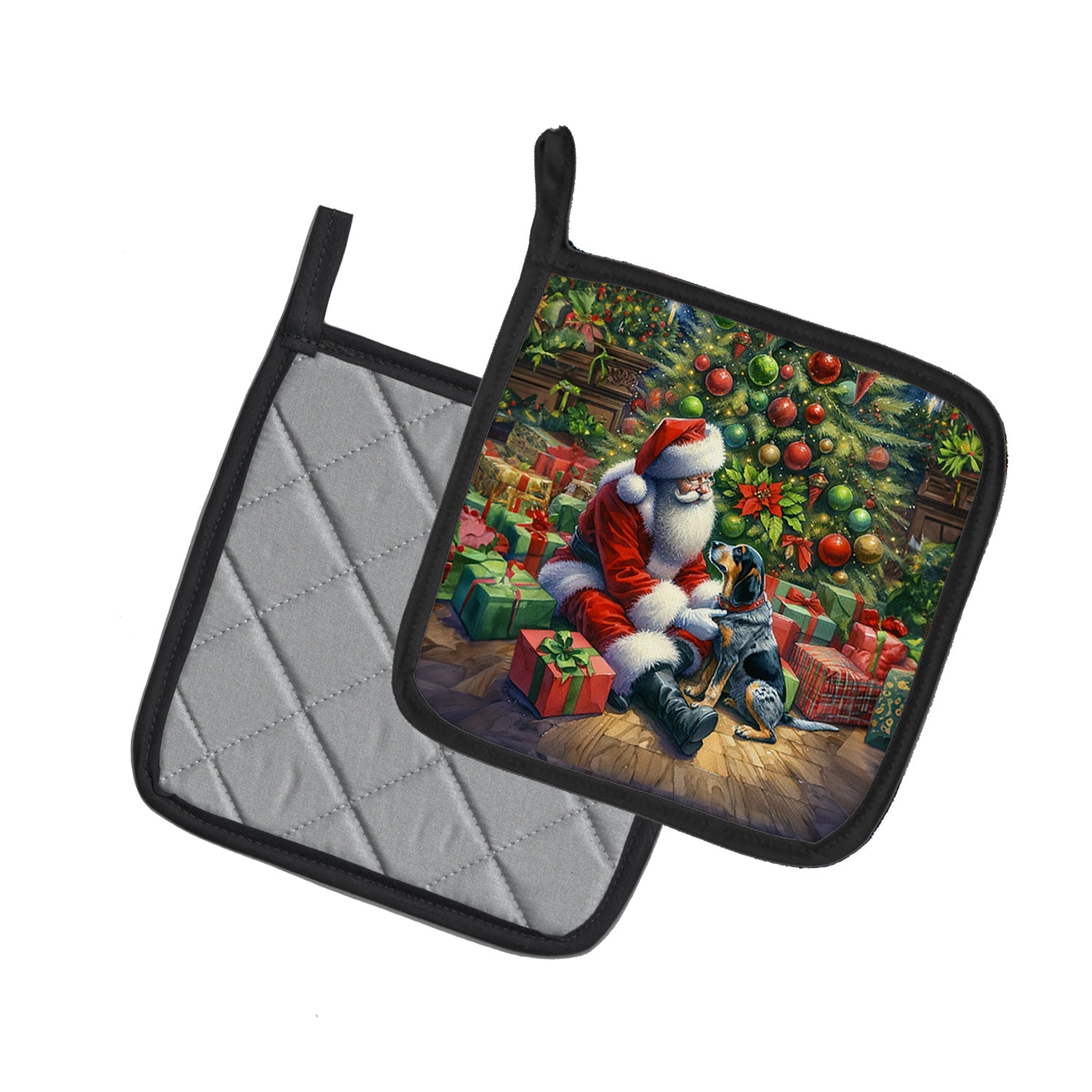 Bluetick Hound and Santa Claus Pot Holder Set of 2 Heat Resistant Quilted Hot Pads 7.5 x 7.5 Inch, Insulated Kitchen Trivets for Cooking & Baking