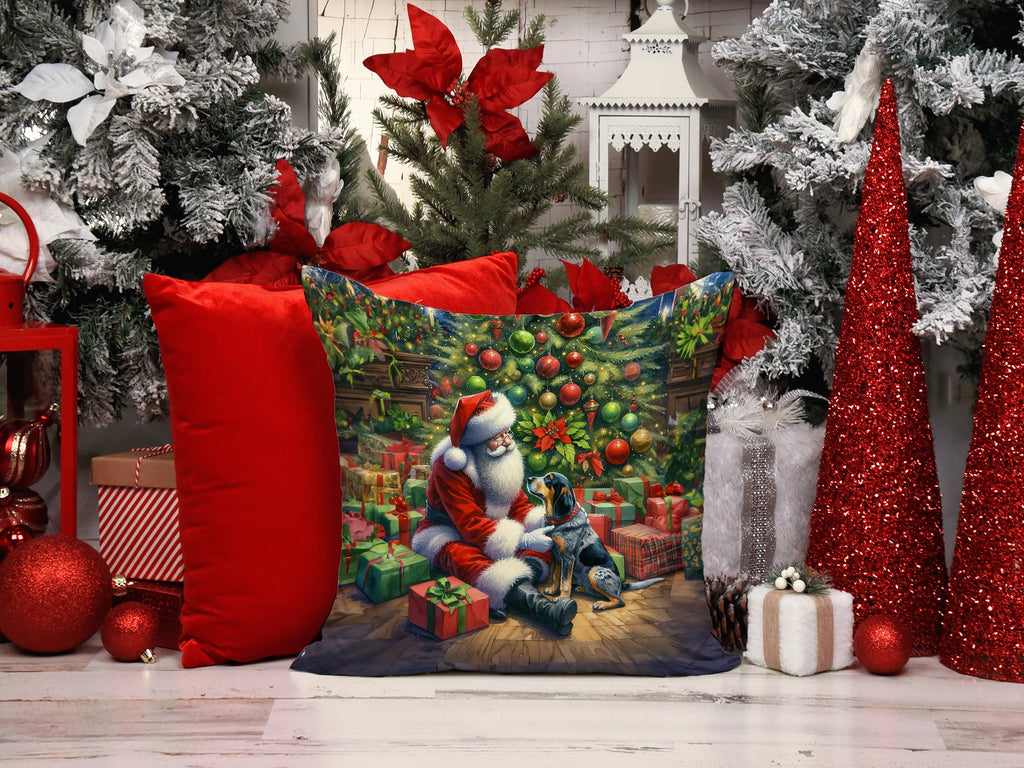 Bluetick Hound and Santa Claus Decorative Throw Pillow 14x14 Indoor Outdoor Accent Cushion, Fabric Cover with Insert for Sofa, Bed, Porch & Living Room