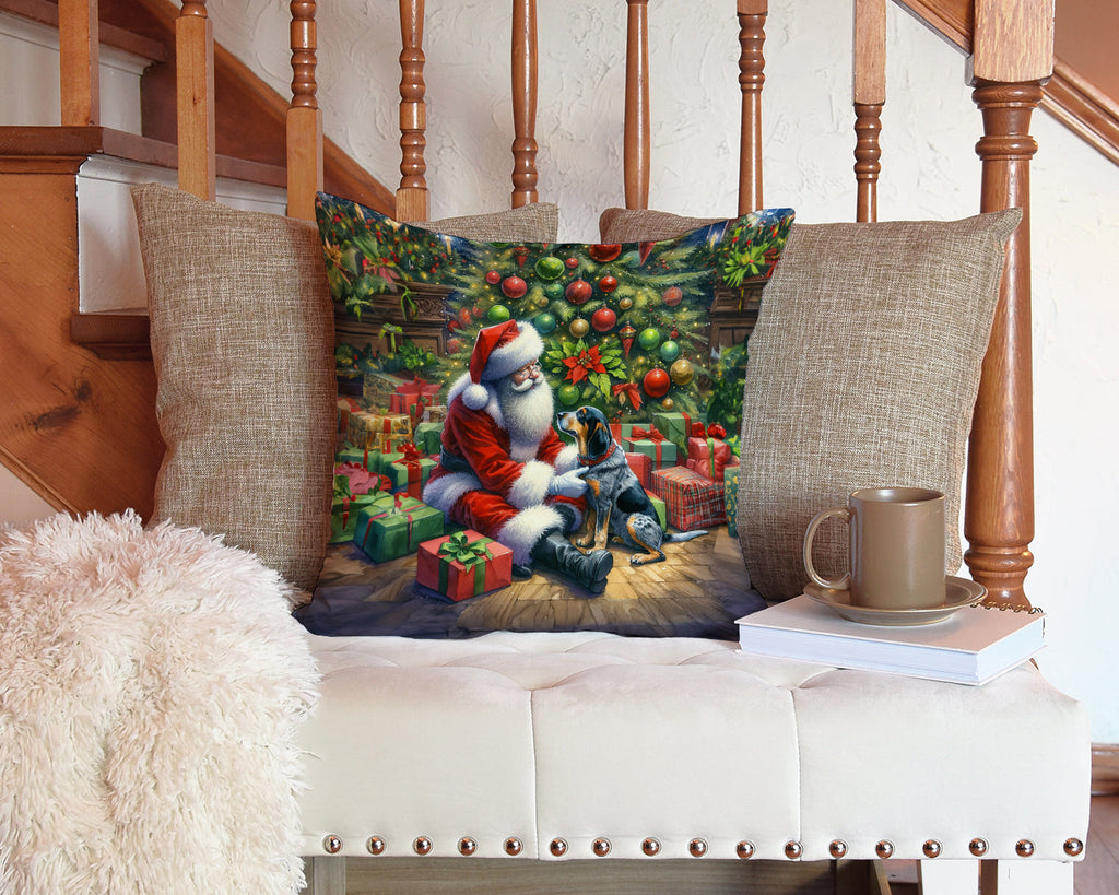 Bluetick Hound and Santa Claus Decorative Throw Pillow 14x14 Indoor Outdoor Accent Cushion, Fabric Cover with Insert for Sofa, Bed, Porch & Living Room