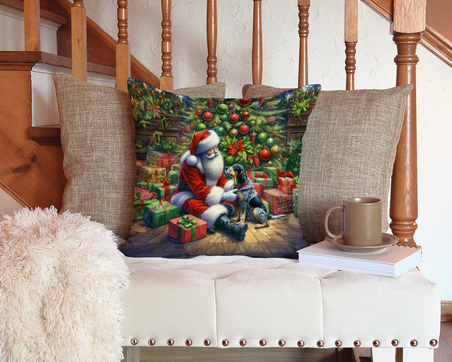Bluetick Hound and Santa Claus Decorative Throw Pillow 14x14 Indoor Outdoor Accent Cushion, Fabric Cover with Insert for Sofa, Bed, Porch & Living Room